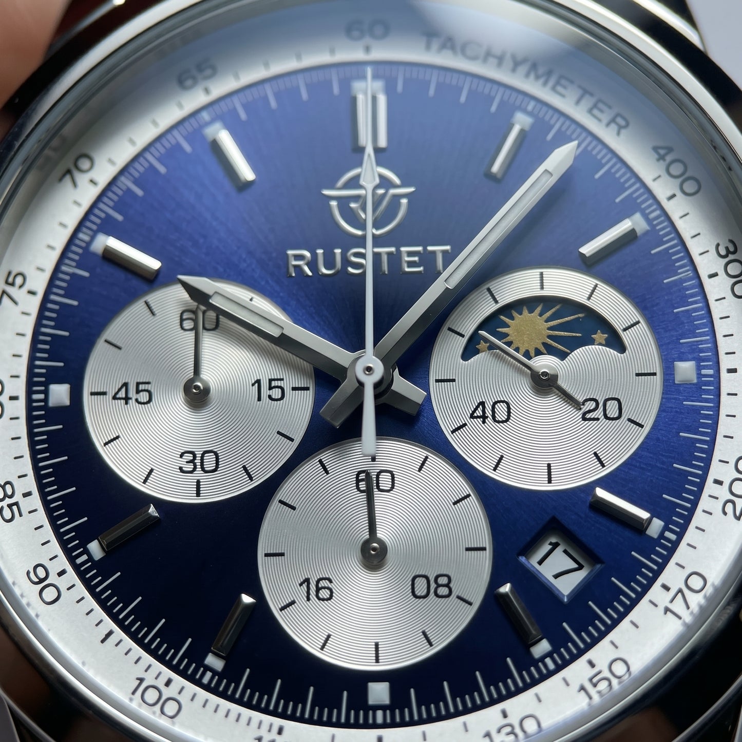 RUSTET Blue Dial Chronograph Watch – Tan Leather Strap with Premium Branded Case