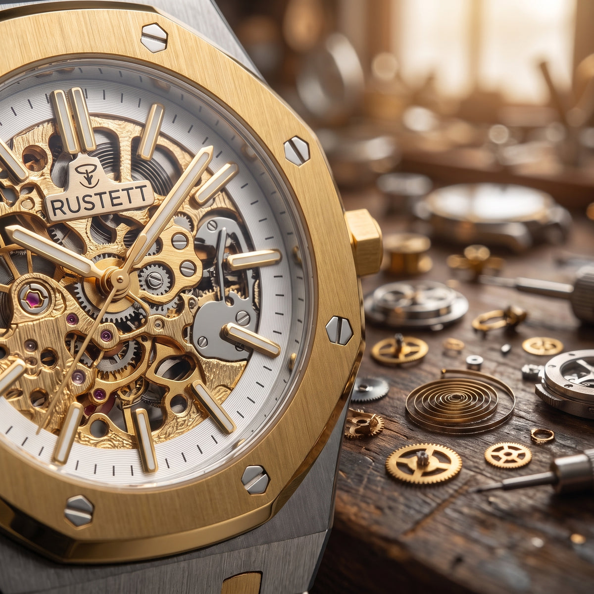 RUSTET Men's Two-Tone Skeleton Watch – Automatic Movement, Steel & Waterproof