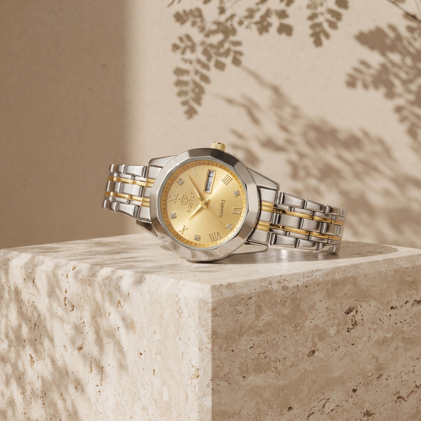 RUSTET Women's Waterproof Two-Tone Watch – Gold Dial, Day-Date, Double Lock Clasp