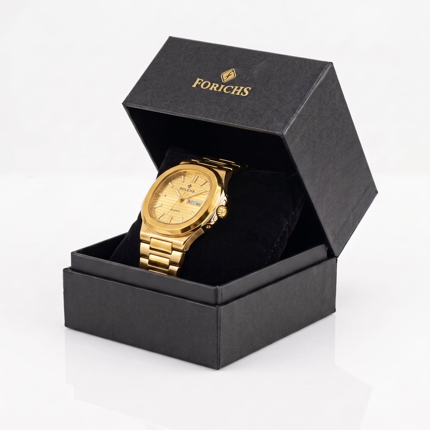 FORICHS Full Gold Dial Quartz Watch with Day-Date Display