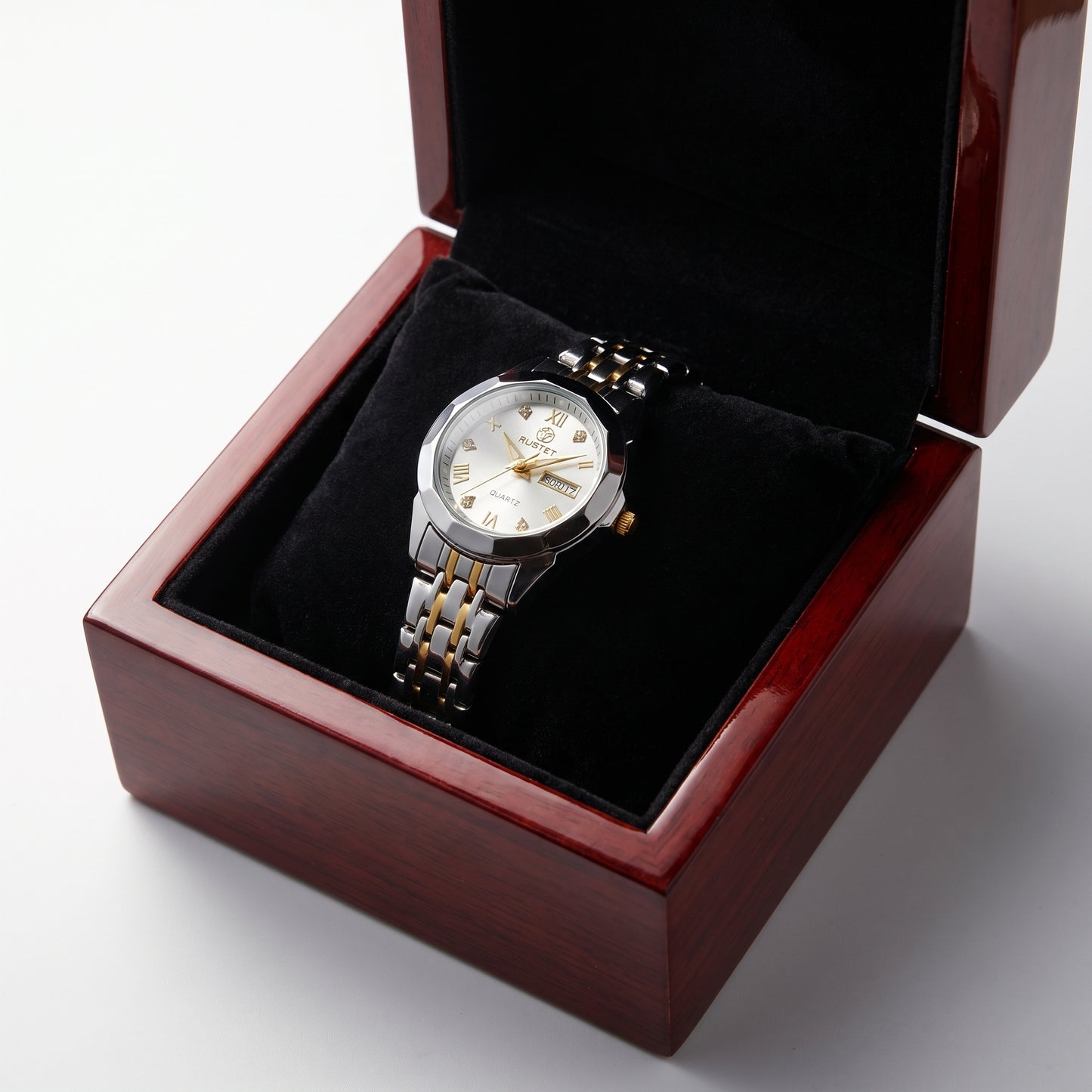 RUSTET Women's Waterproof Two-Tone Watch – White Dial, Gold Accents, Day-Date