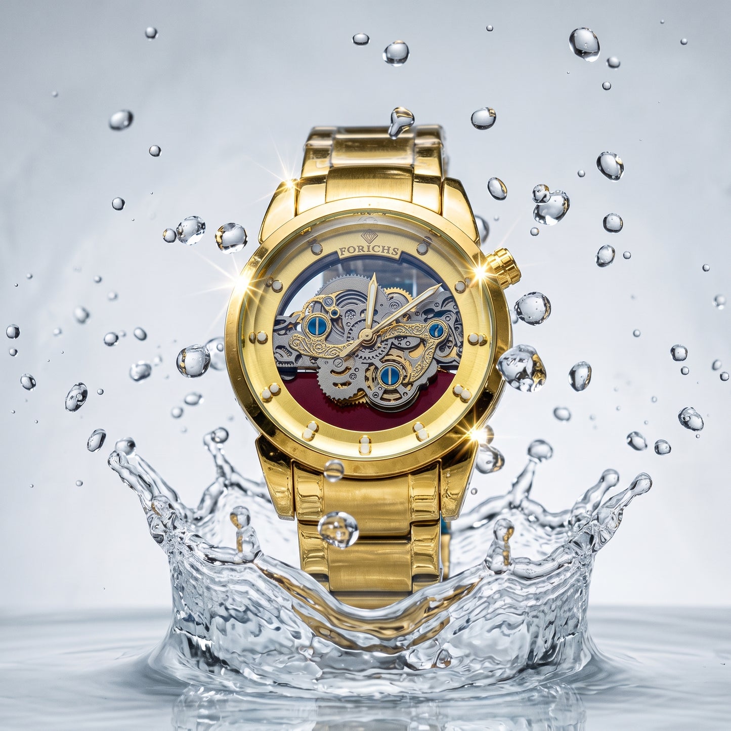 FORICHS Full Gold Quartz Skeleton Watch
