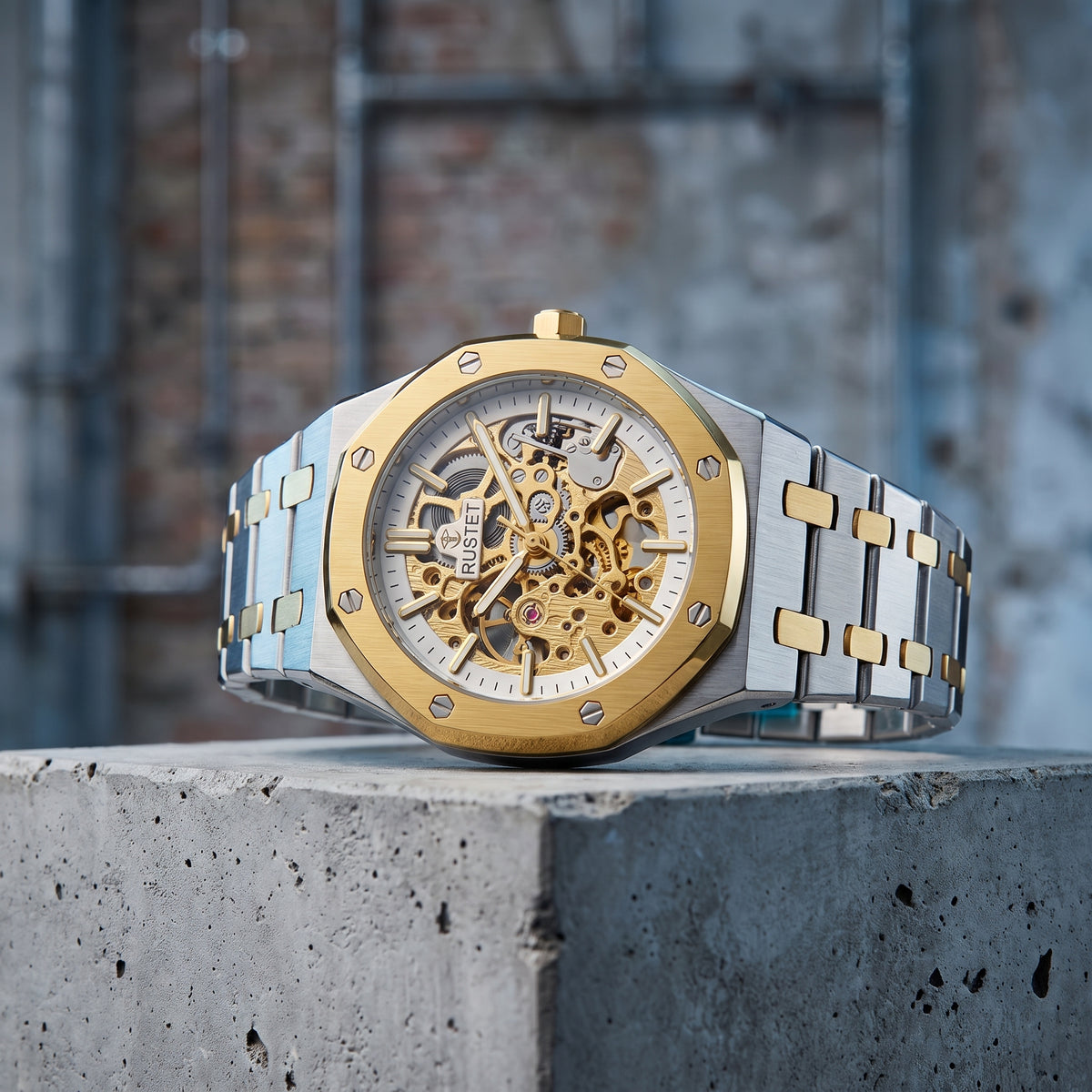 RUSTET Men's Two-Tone Skeleton Watch – Automatic Movement, Steel & Waterproof