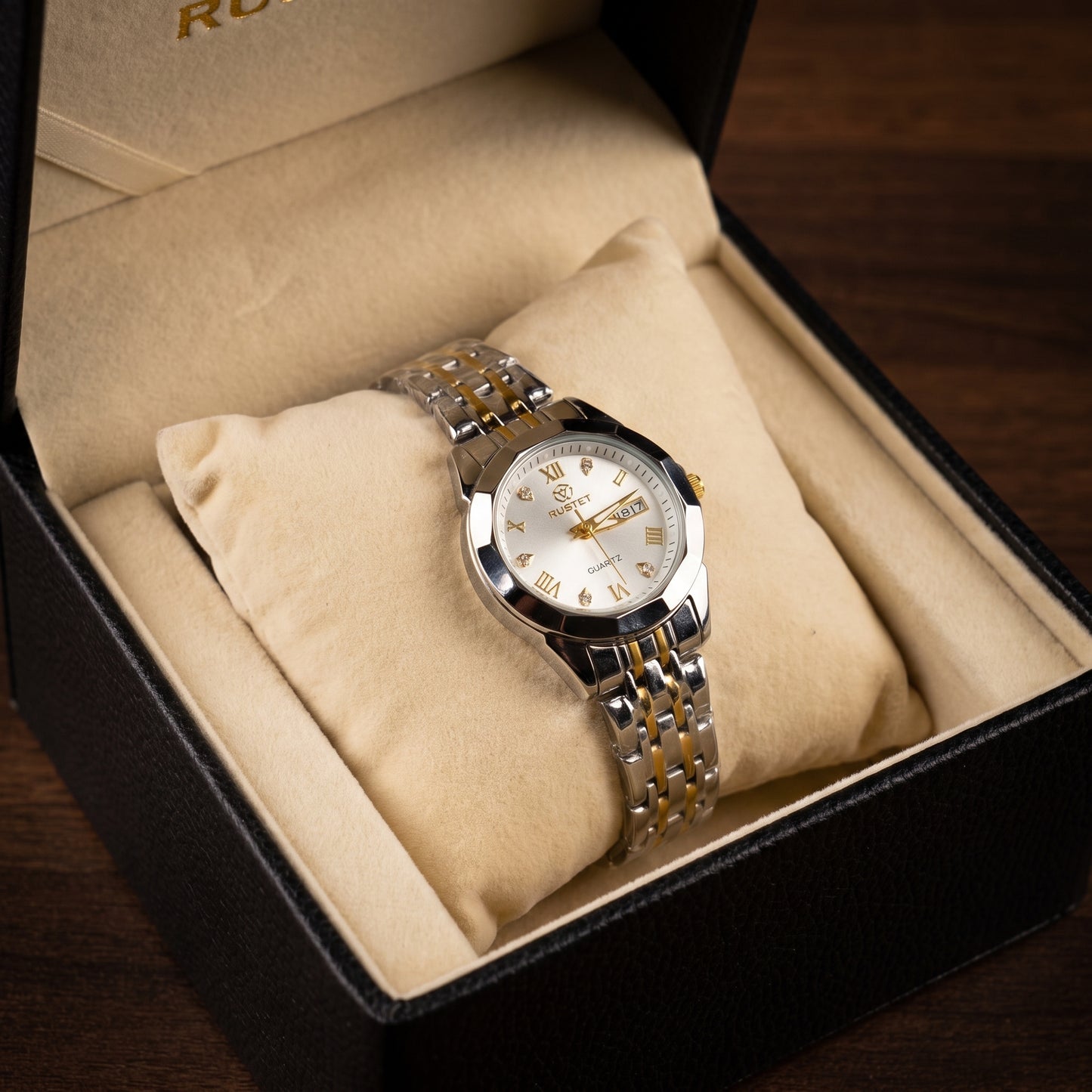 RUSTET Women's Waterproof Two-Tone Watch – White Dial, Gold Accents, Day-Date
