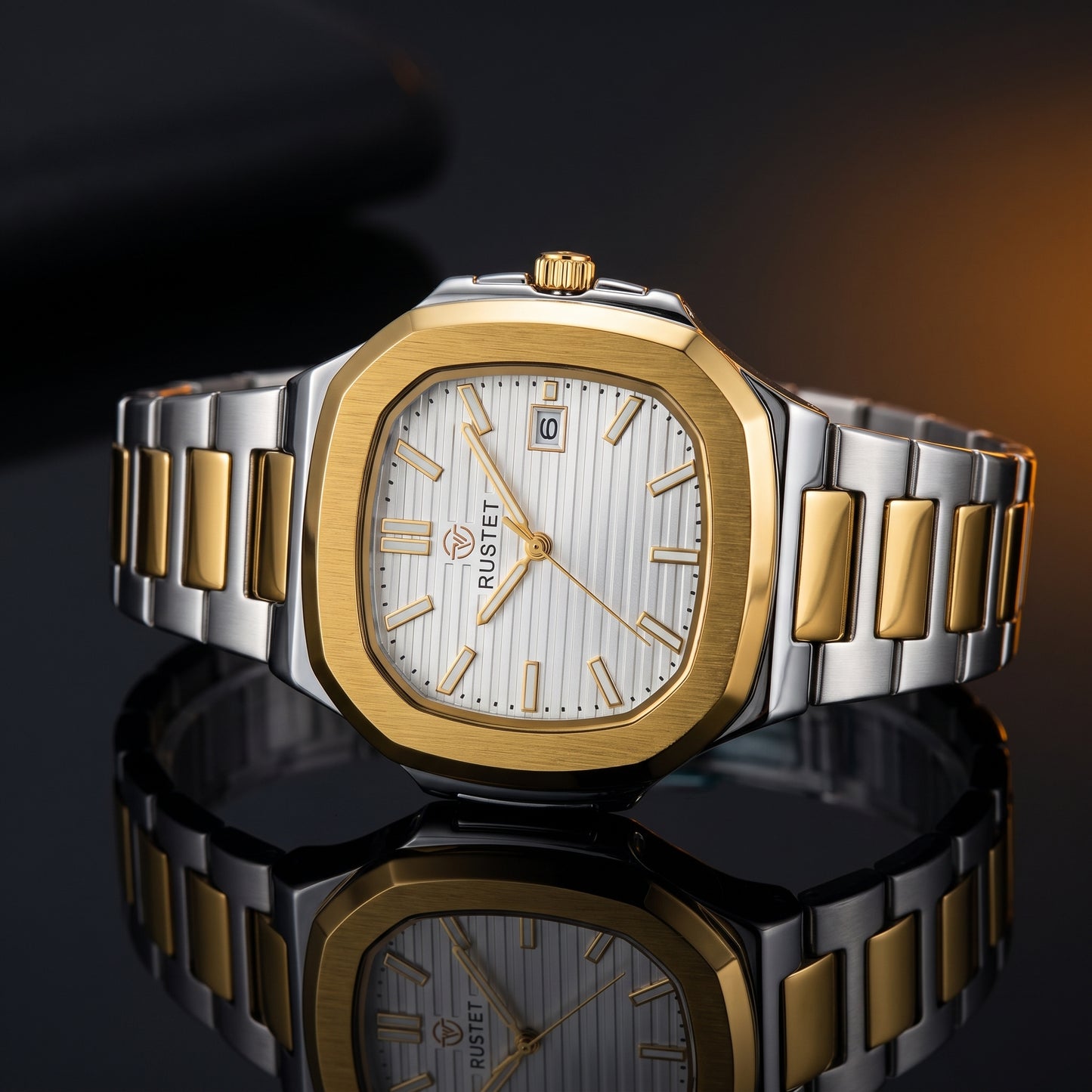 RUSTET Men's Ultra-Thin Square Case Watch – Two-Tone Steel & Gold, Waterproof