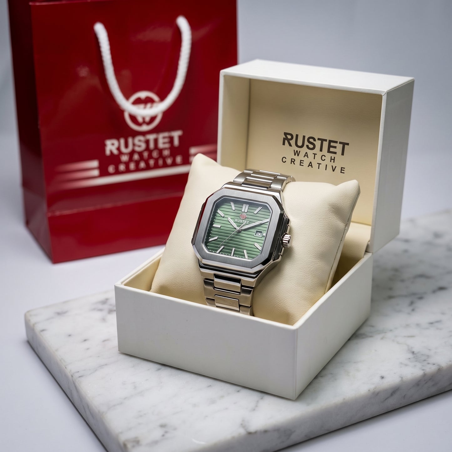 RUSTET Men's Ultra-Thin Square Case Watch – Green Dial - date, Steel & Waterproof