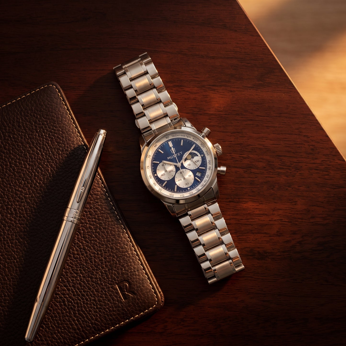 RUSTET Men's Chronograph Watch – Sapphire Crystal, Steel & Blue Dial with premium case
