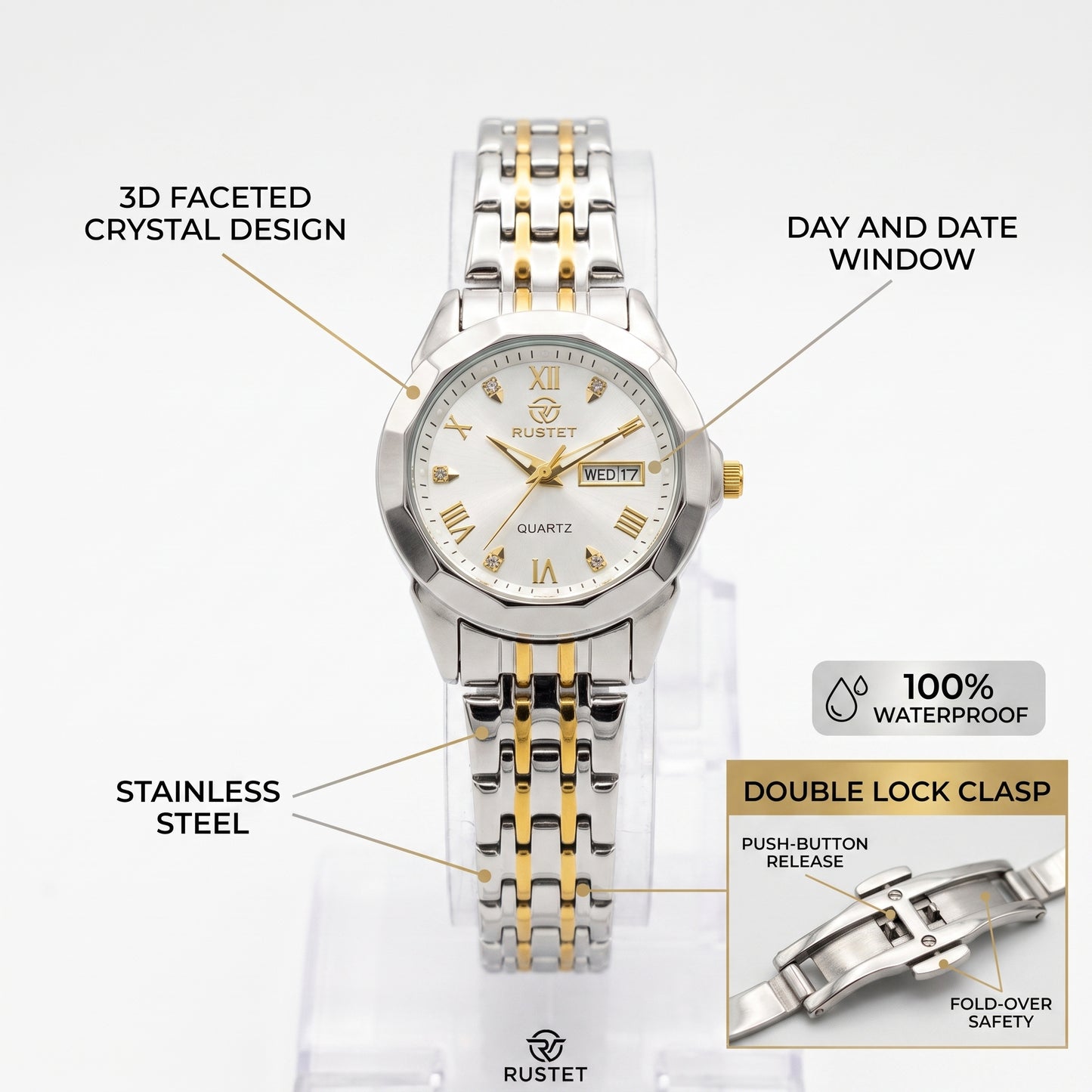 RUSTET Women's Waterproof Two-Tone Watch – White Dial, Gold Accents, Day-Date