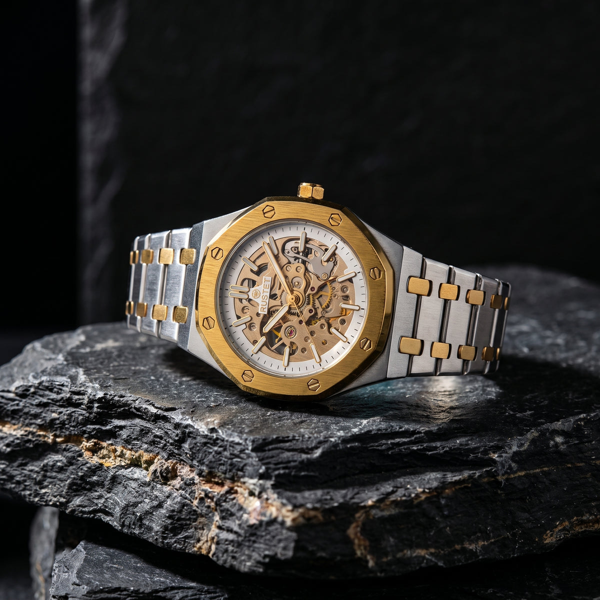RUSTET Men's Two-Tone Skeleton Watch – Automatic Movement, Steel & Waterproof