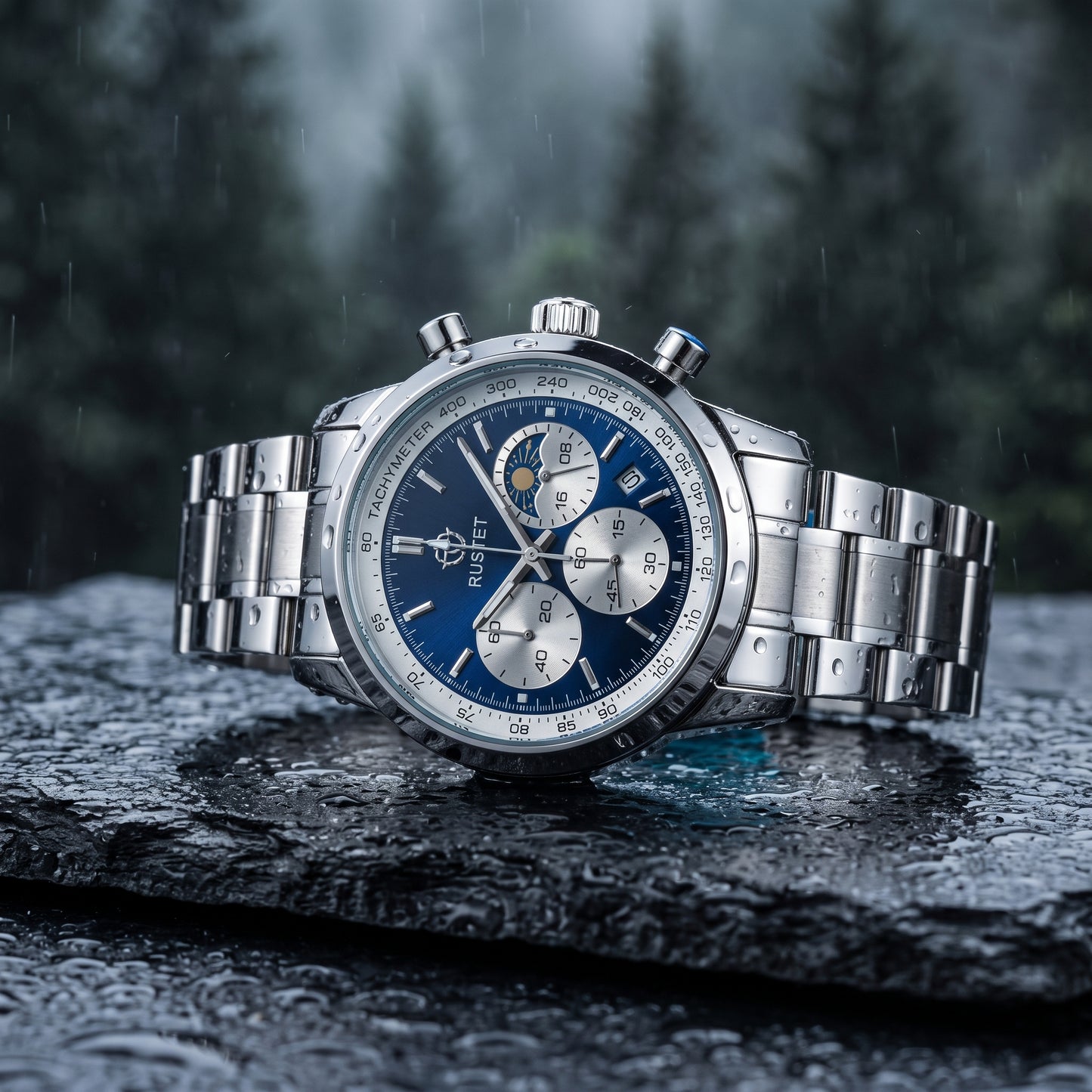 RUSTET Men's Chronograph Watch – Sapphire Crystal, Steel & Blue Dial with premium case