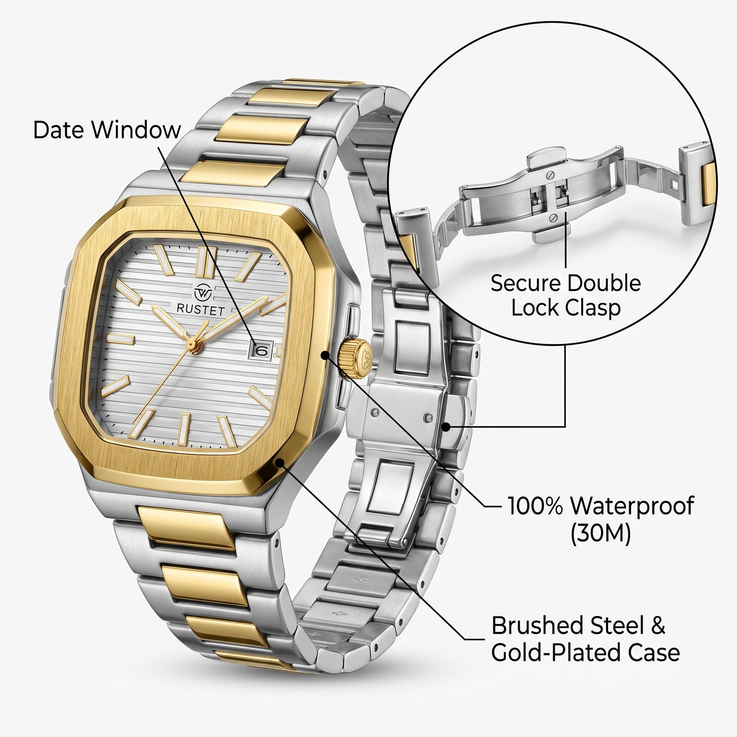 RUSTET Men's Ultra-Thin Square Case Watch – Two-Tone Steel & Gold, Waterproof