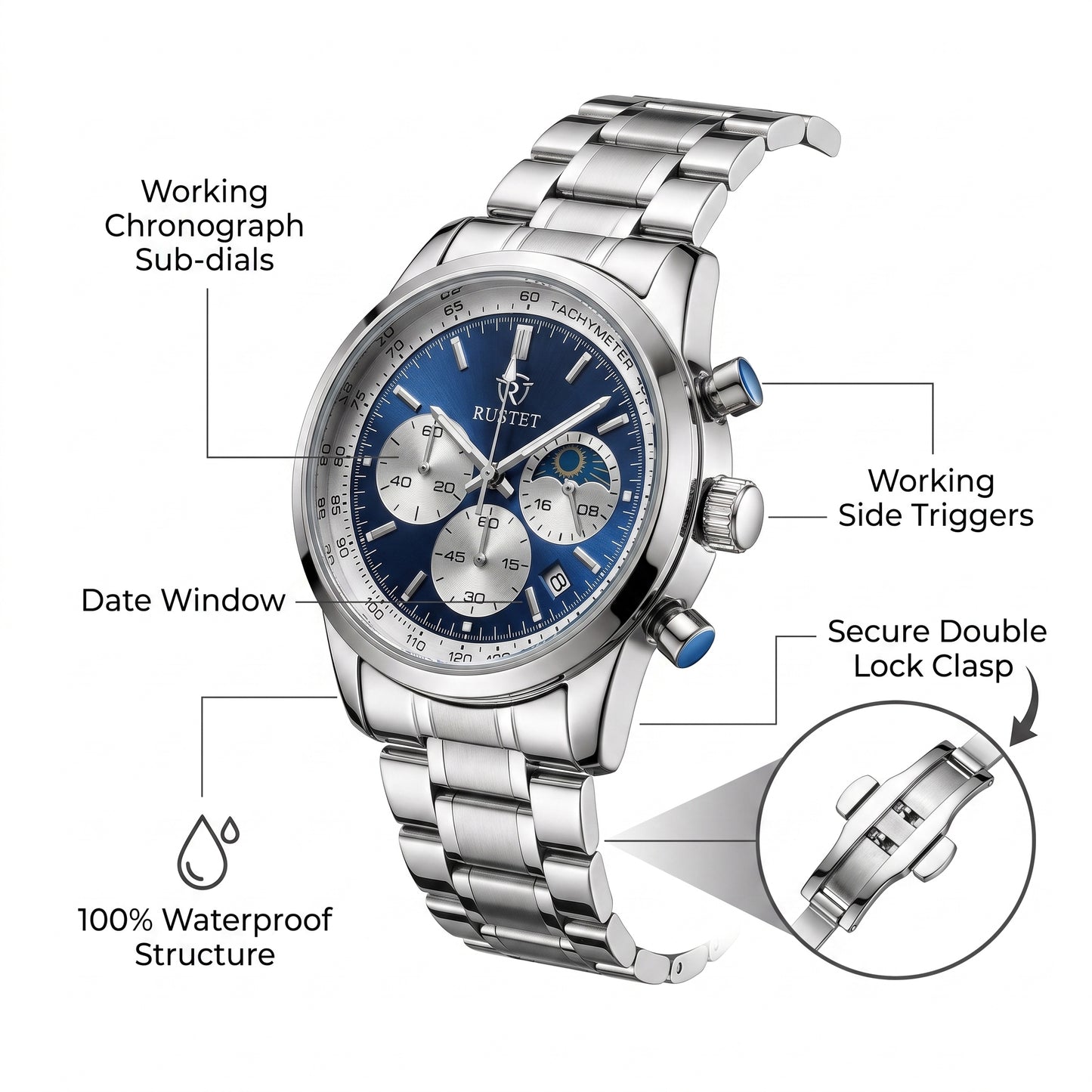 RUSTET Men's Chronograph Watch – Sapphire Crystal, Steel & Blue Dial with premium case
