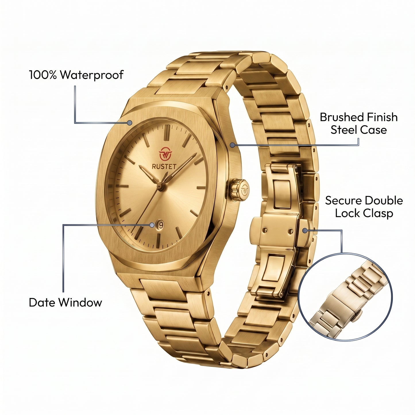 RUSTET Men's Ultra-Thin Sunburst Watch – Full Gold, Heavy Steel, Waterproof & Date