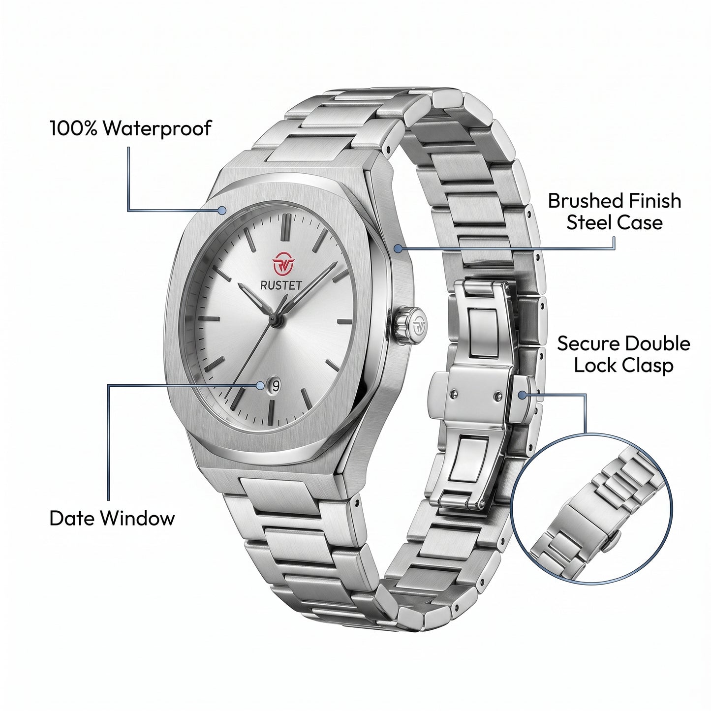 RUSTET Men's Ultra-Thin Sunburst Watch – Heavy Steel, Date Window & Waterproof