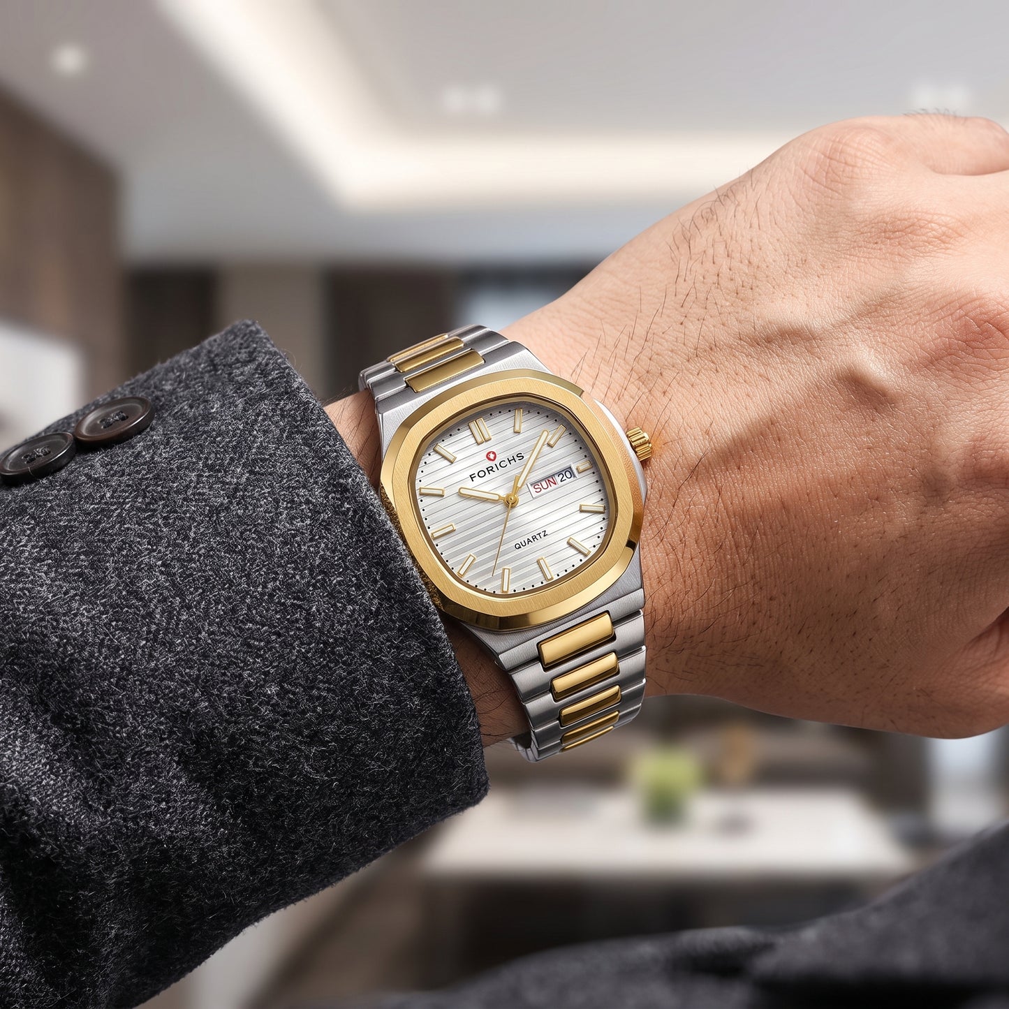 FORICHS Two-Tone Gold and Silver White Dial Stainless Steel Quartz Watch for Men