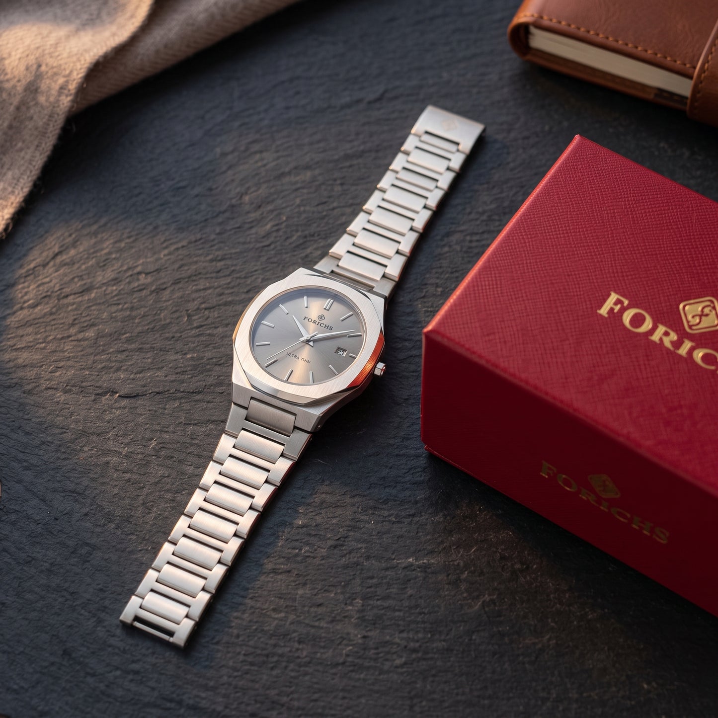 FORICHS Men's Ultra-Thin Quartz Watch – Sapphire Crystal, Steel & Grey Dial & Date
