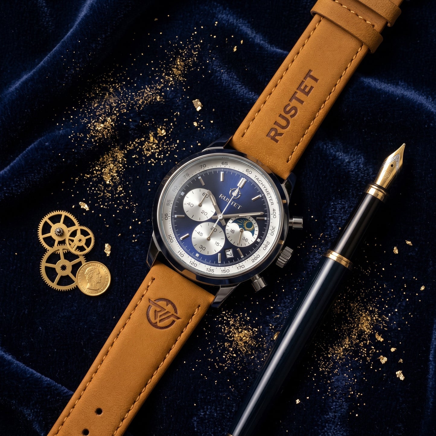 RUSTET Blue Dial Chronograph Watch – Tan Leather Strap with Premium Branded Case