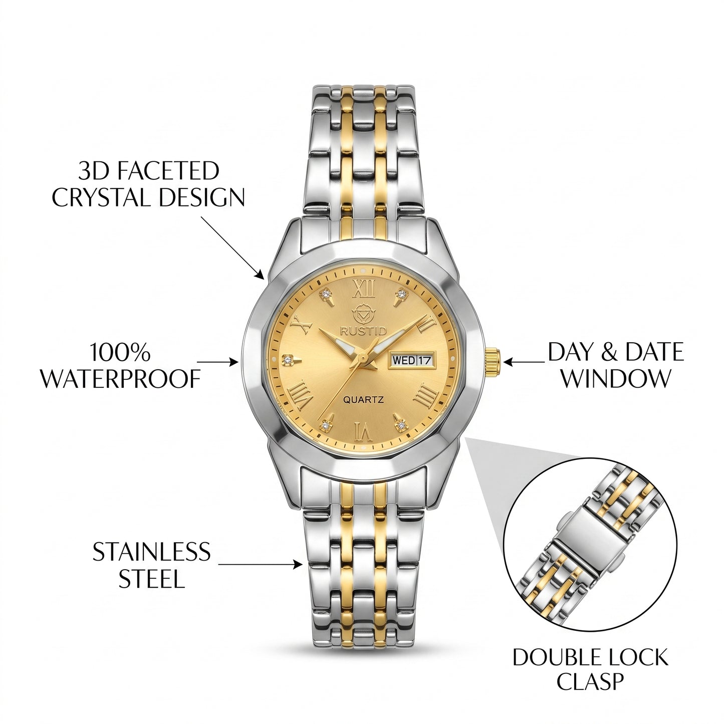 RUSTET Women's Waterproof Two-Tone Watch – Gold Dial, Day-Date, Double Lock Clasp