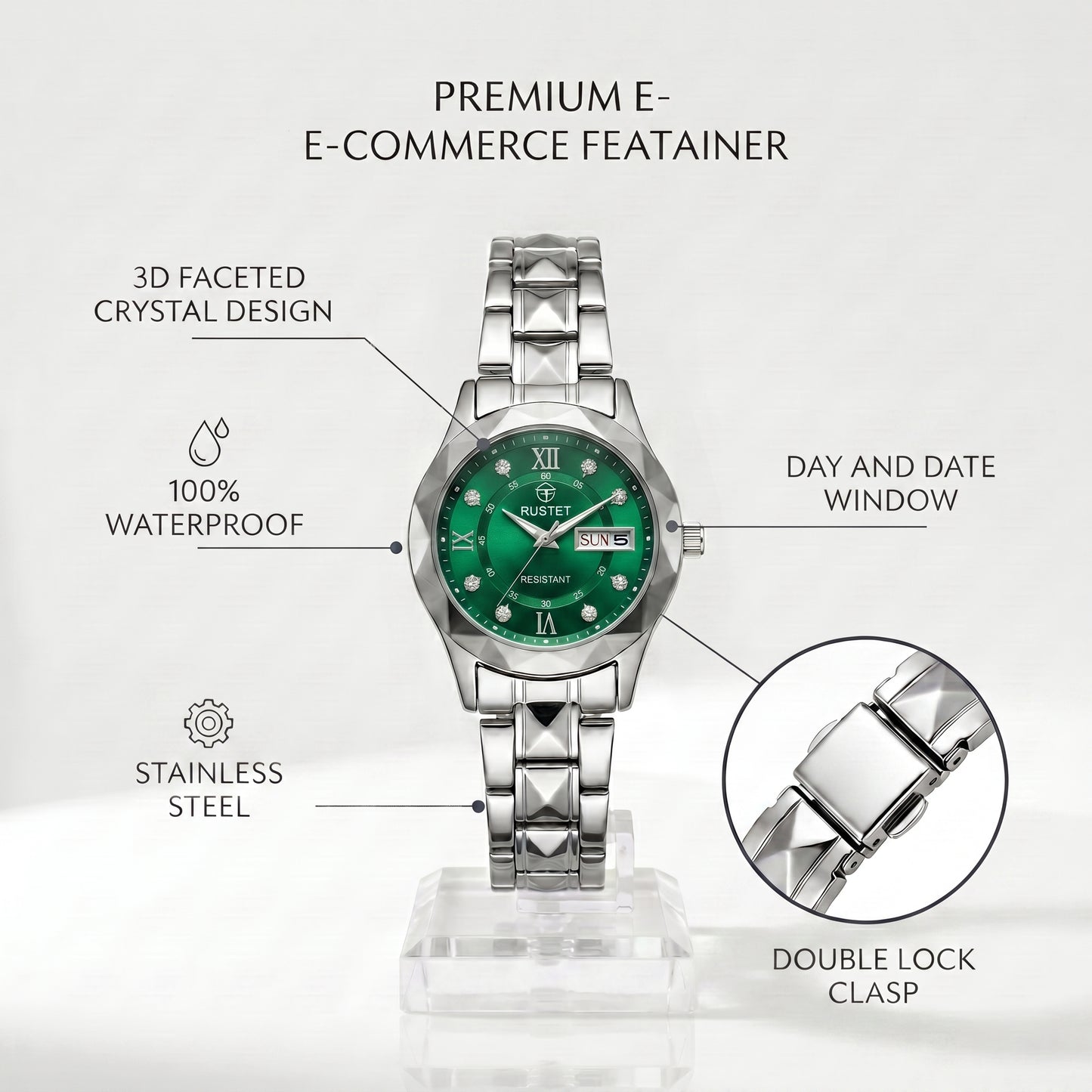 RUSTET Women's 3D Faceted Crystal Watch – Green Steel, Waterproof & Day-Date
