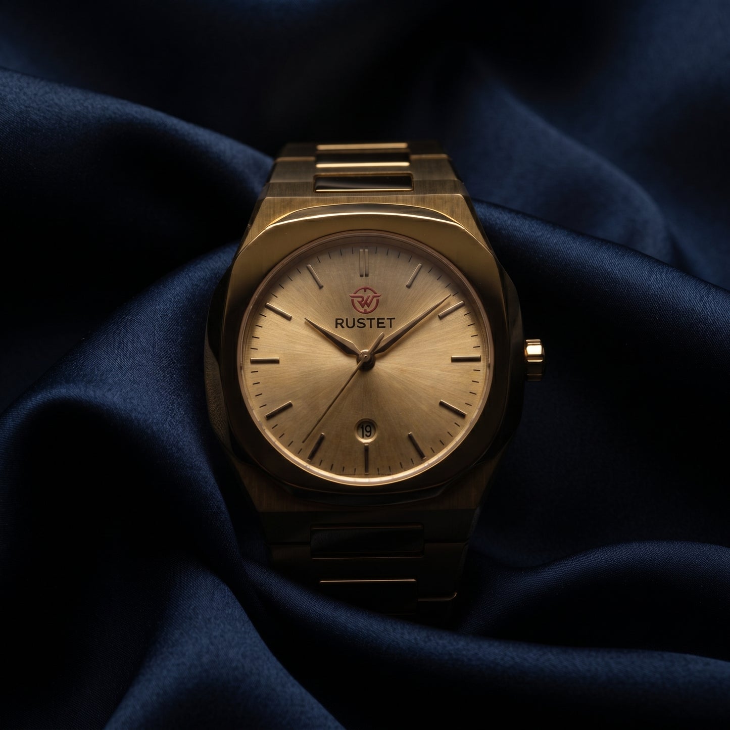 RUSTET Men's Ultra-Thin Sunburst Watch – Full Gold, Heavy Steel, Waterproof & Date