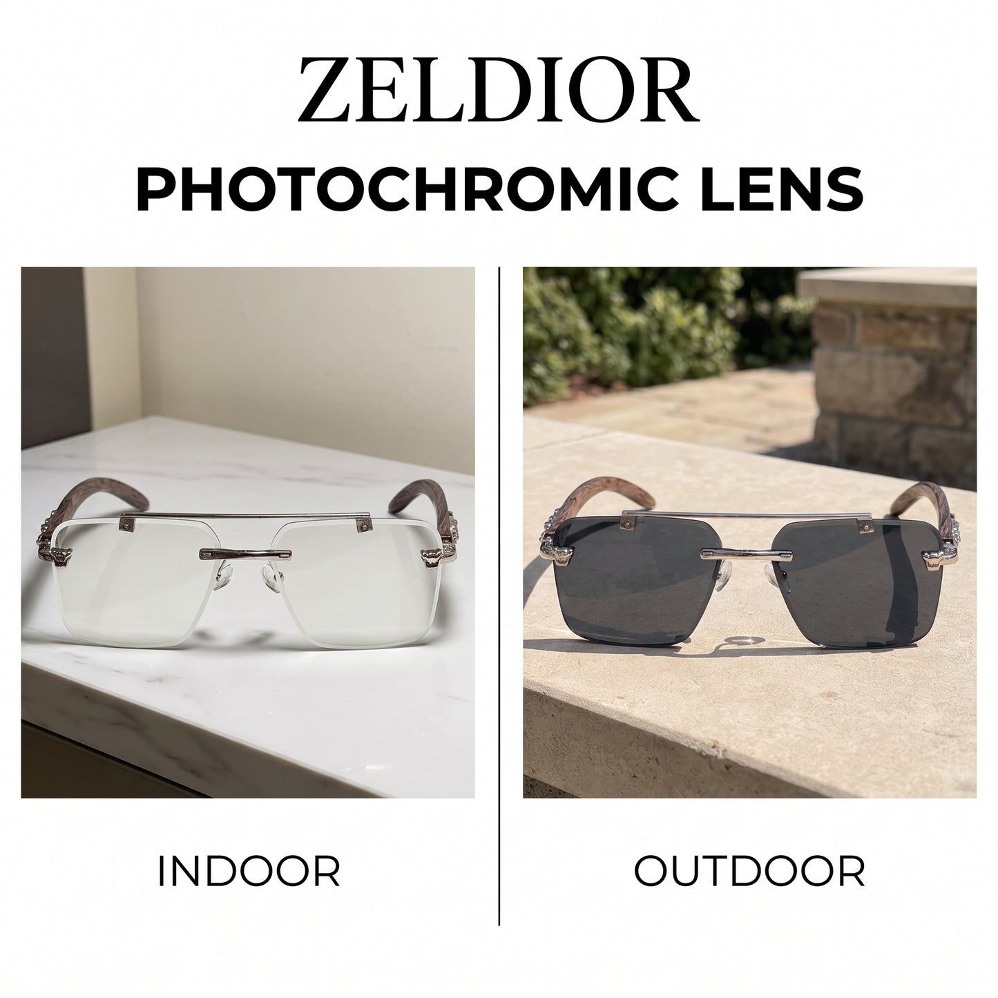 ZELDIOR Rimless Photochromic Aviator Sunglasses – Panther Edition