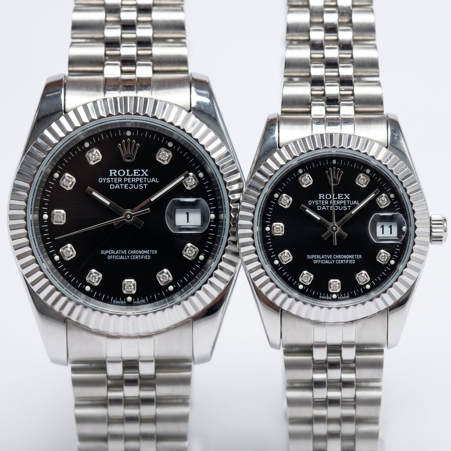 Zeldior Rolex Datejust couple watch black dial both watches angled view