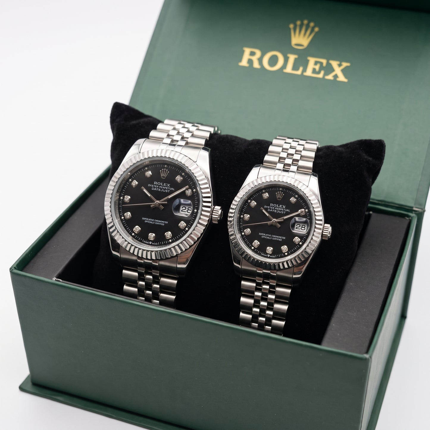 Zeldior Rolex Datejust couple watch black dial his and hers