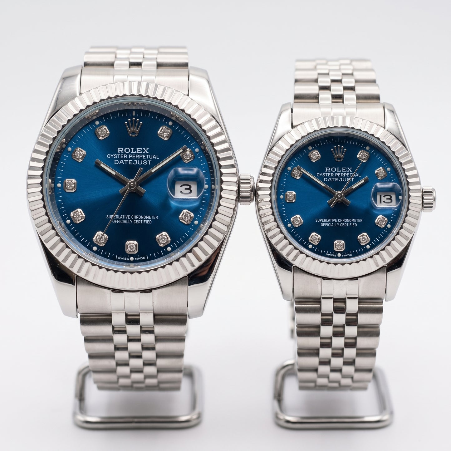 Zeldior Rolex Datejust couple watch blue dial double-lock clasp detail