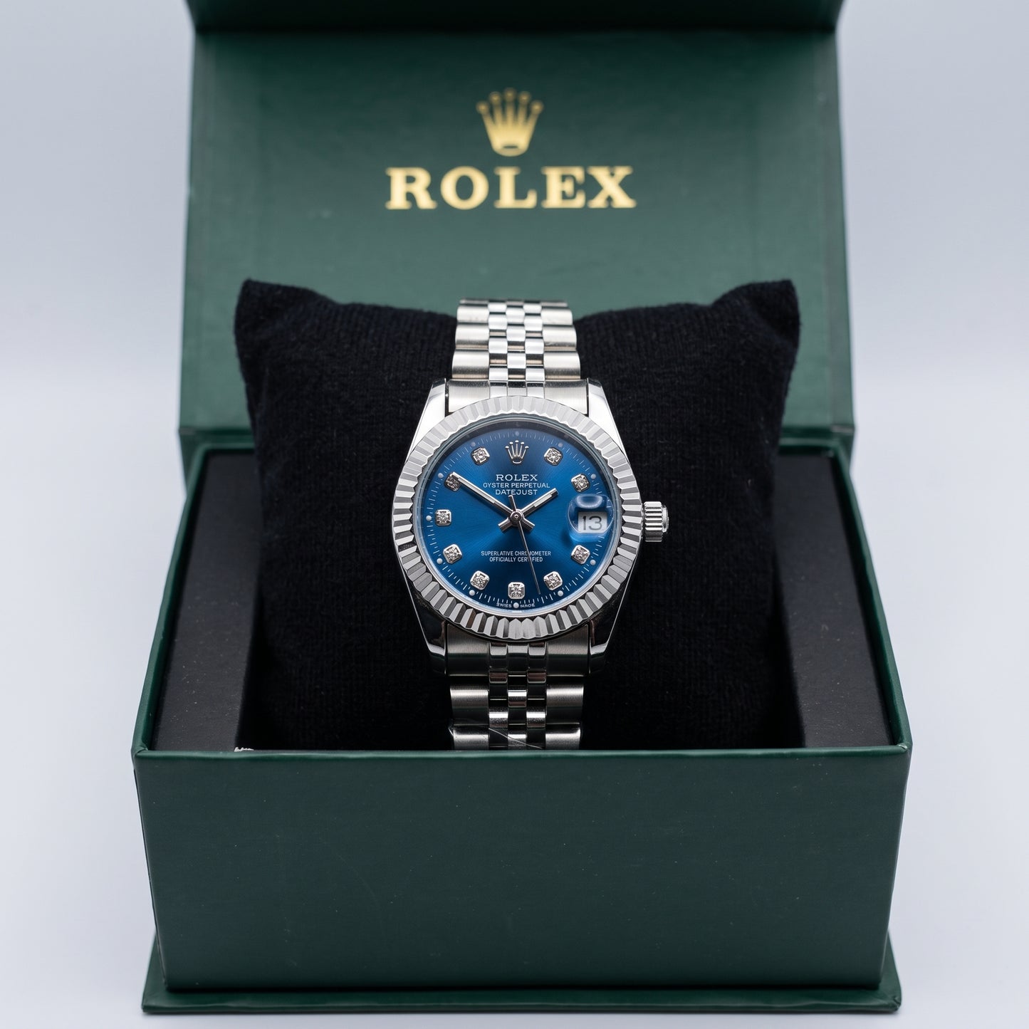 Woman wearing Zeldior Rolex Datejust blue dial watch