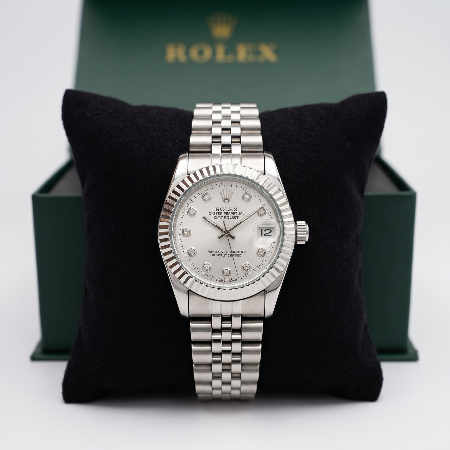 Zeldior Rolex Datejust women's silver dial watch angled view