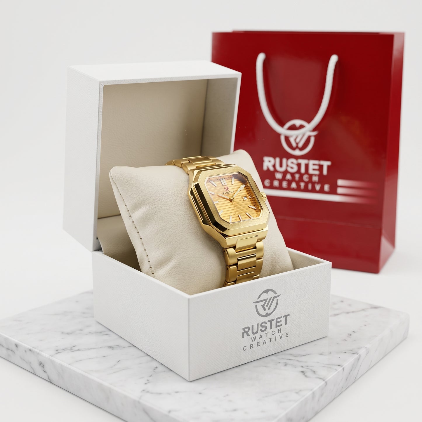 Zeldior RUSTET Ultra-Thin square full gold pleated dial watch close-up with date window