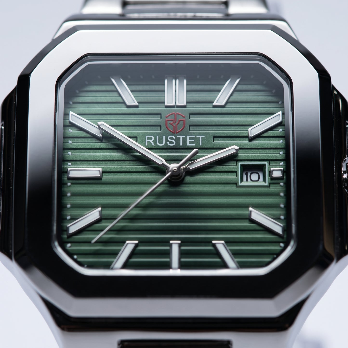 Zeldior RUSTET Ultra-Thin square green dial watch feature diagram – waterproof, steel case, double lock clasp