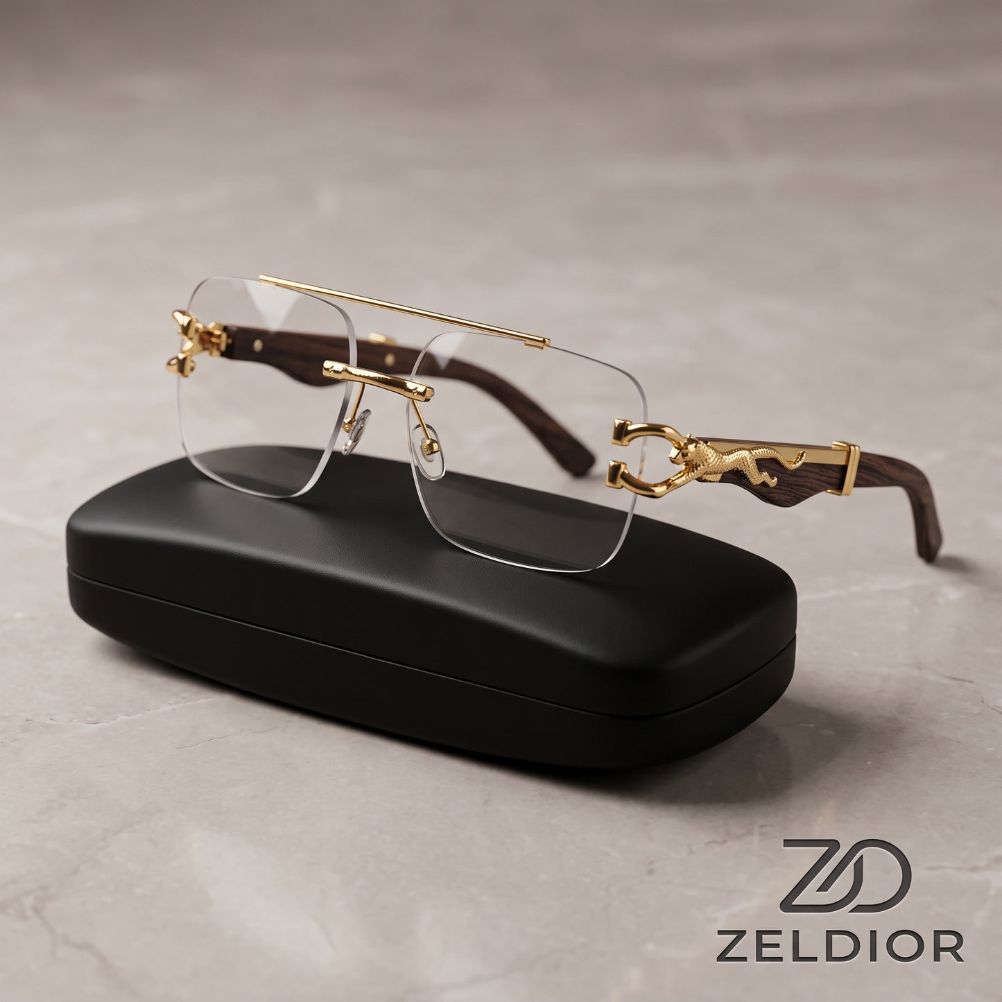 ZELDIOR Rimless Photochromic Aviator Sunglasses – Gold Jaguar Edition