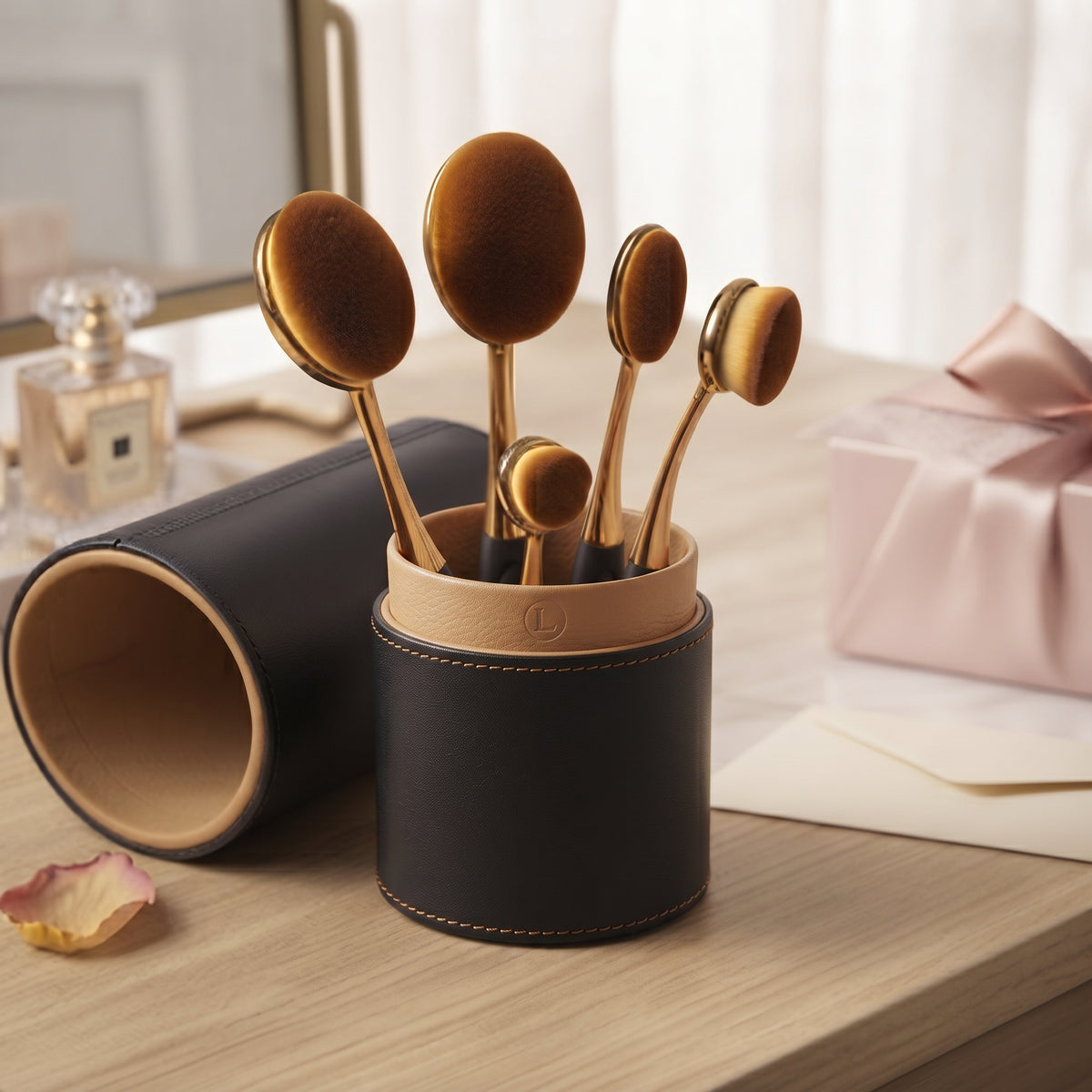 Lcosmetic Oval Makeup Brush Set with Premium Branded Case – 5 Piece Blending Brushes