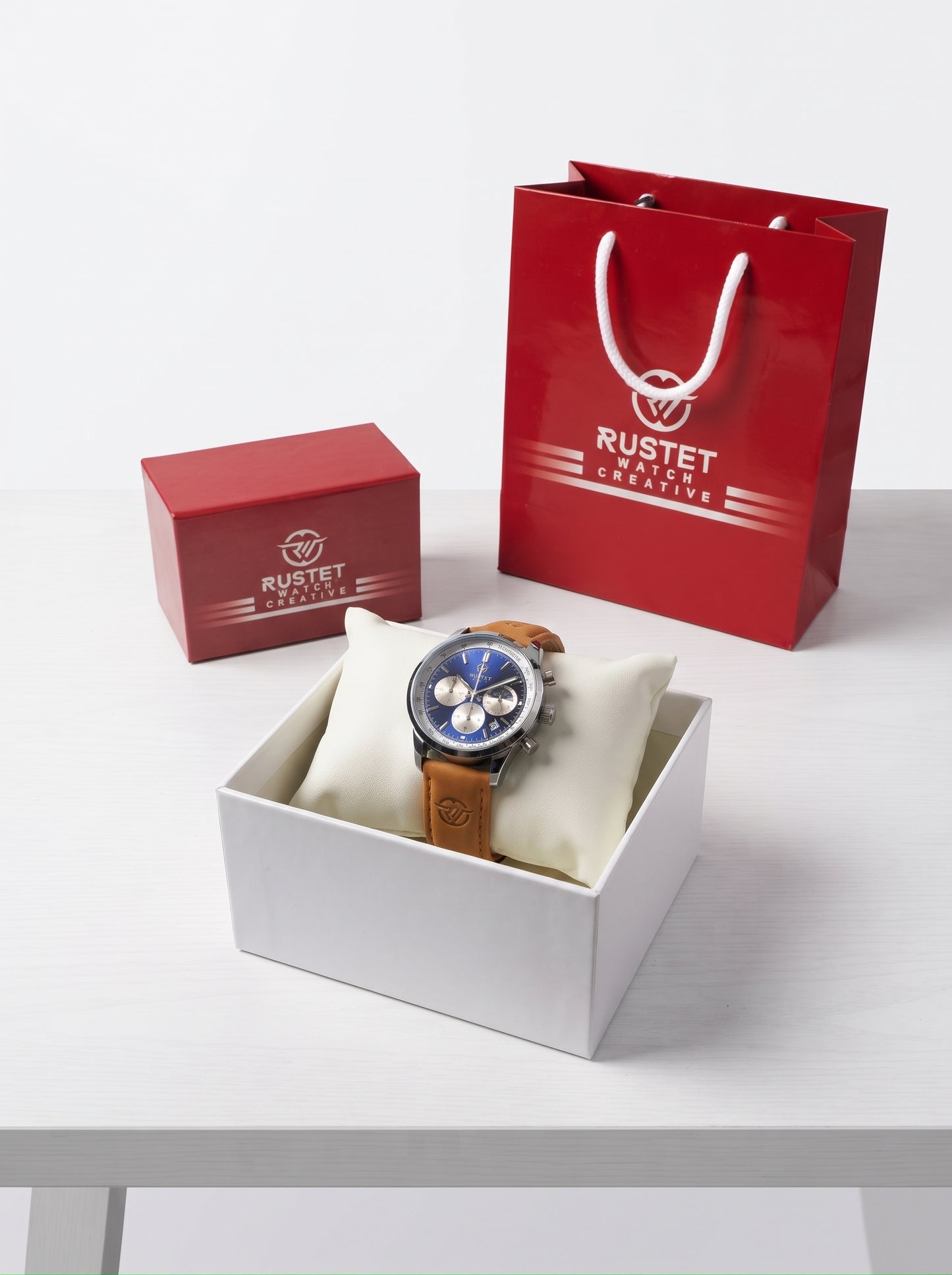 RUSTET blue dial chronograph watch with tan leather strap