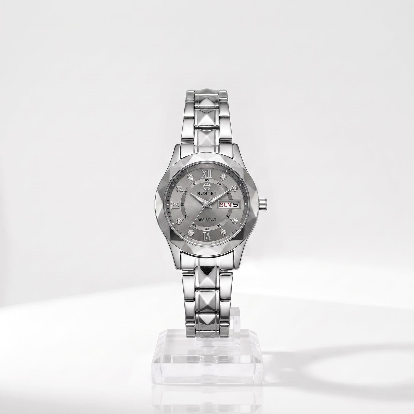 Zeldior RUSTET Women's Watch grey dial with 3D faceted crystal design and day-date window