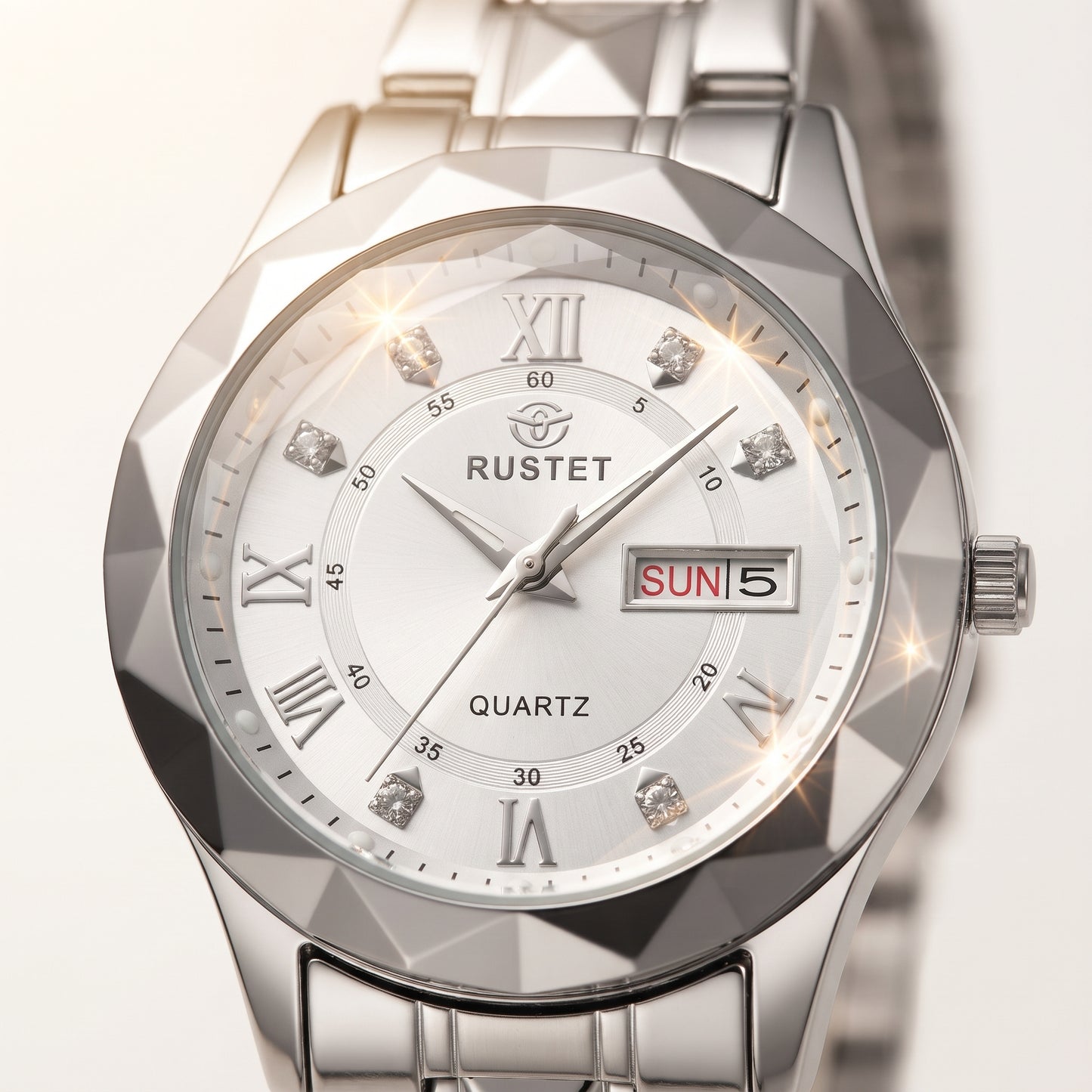 Zeldior RUSTET Women's Watch silver dial with 3D faceted crystal design and day-date window