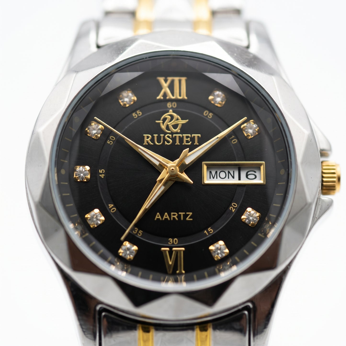 Zeldior RUSTET Women's Two-Tone Gold Watch black dial macro with crystal hour markers
