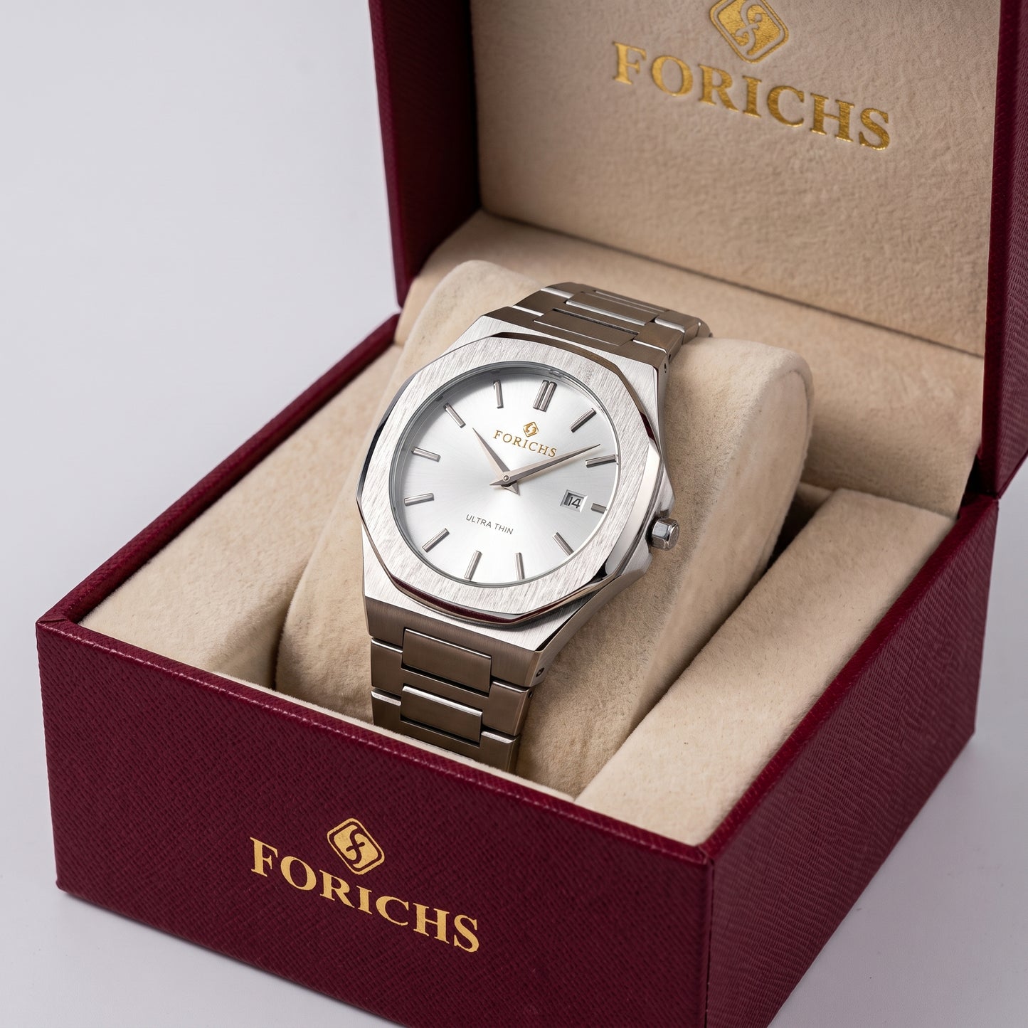 Zeldior FORICHS Ultra Thin Silver Steel Quartz Watch with sapphire glass in premium gift box