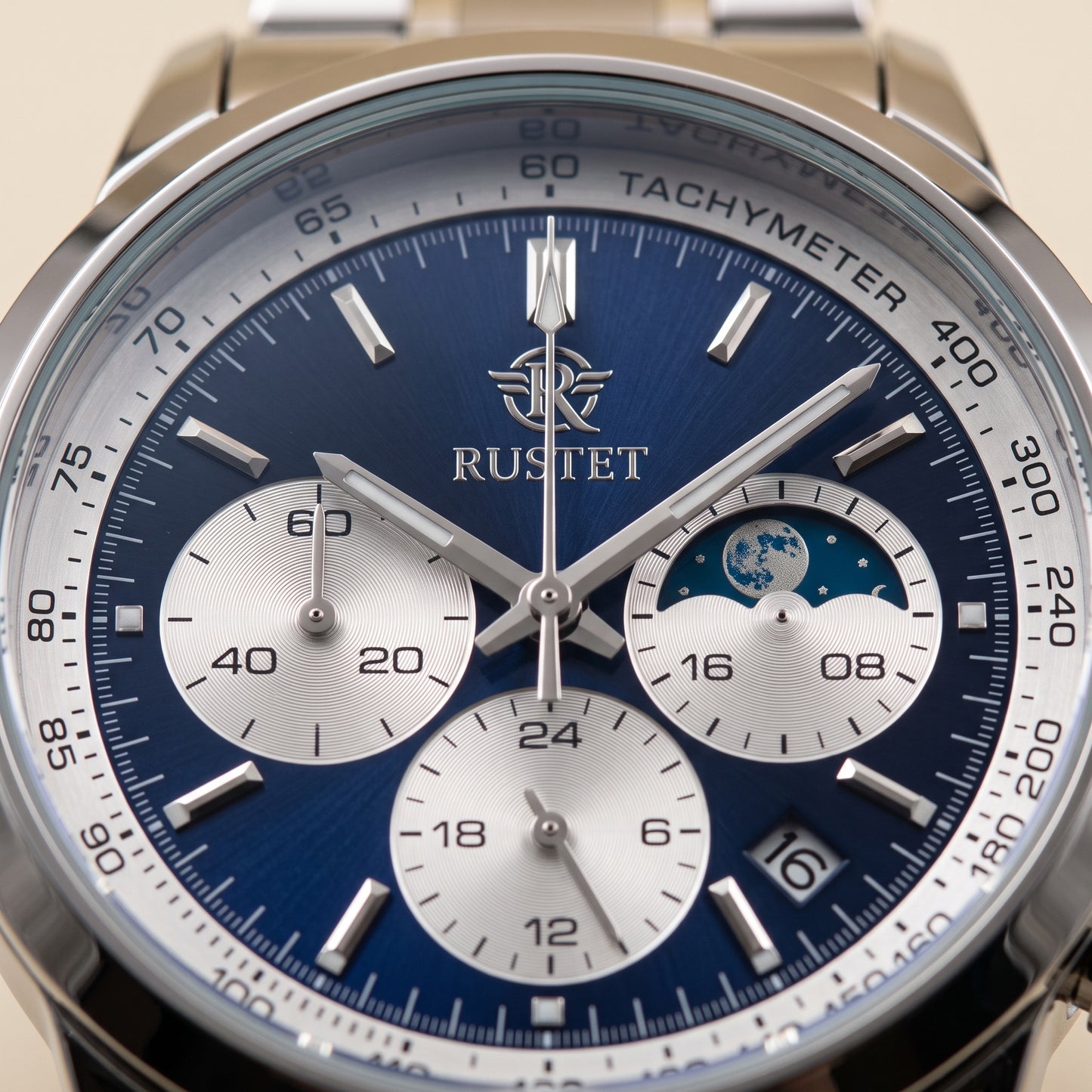 Zeldior RUSTET chronograph watch showing working sub-dials, date window, and waterproof structure