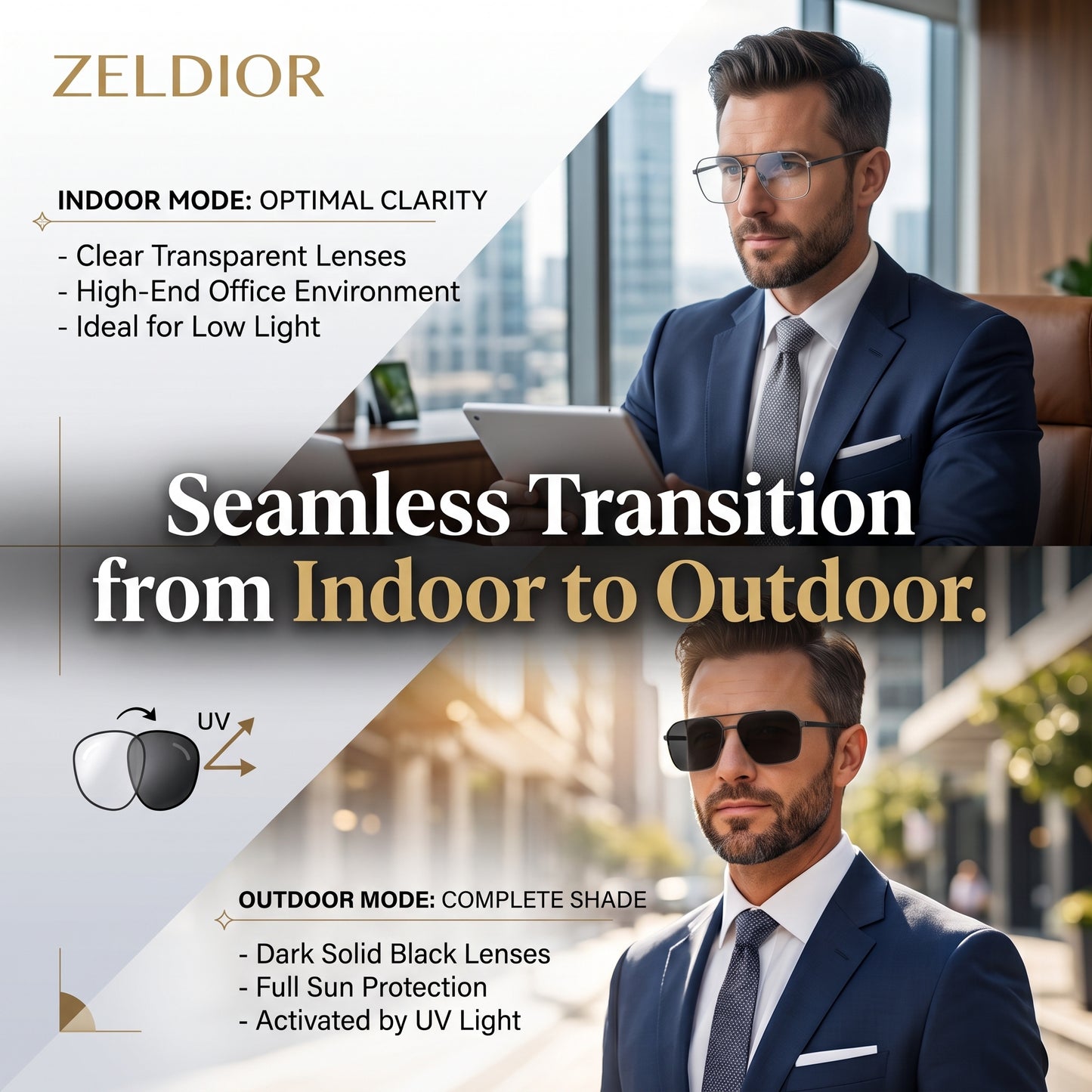 ZELDIOR Photochromic Sunglasses – Adaptive UV400 Lens, Matte Black Aviator Frame