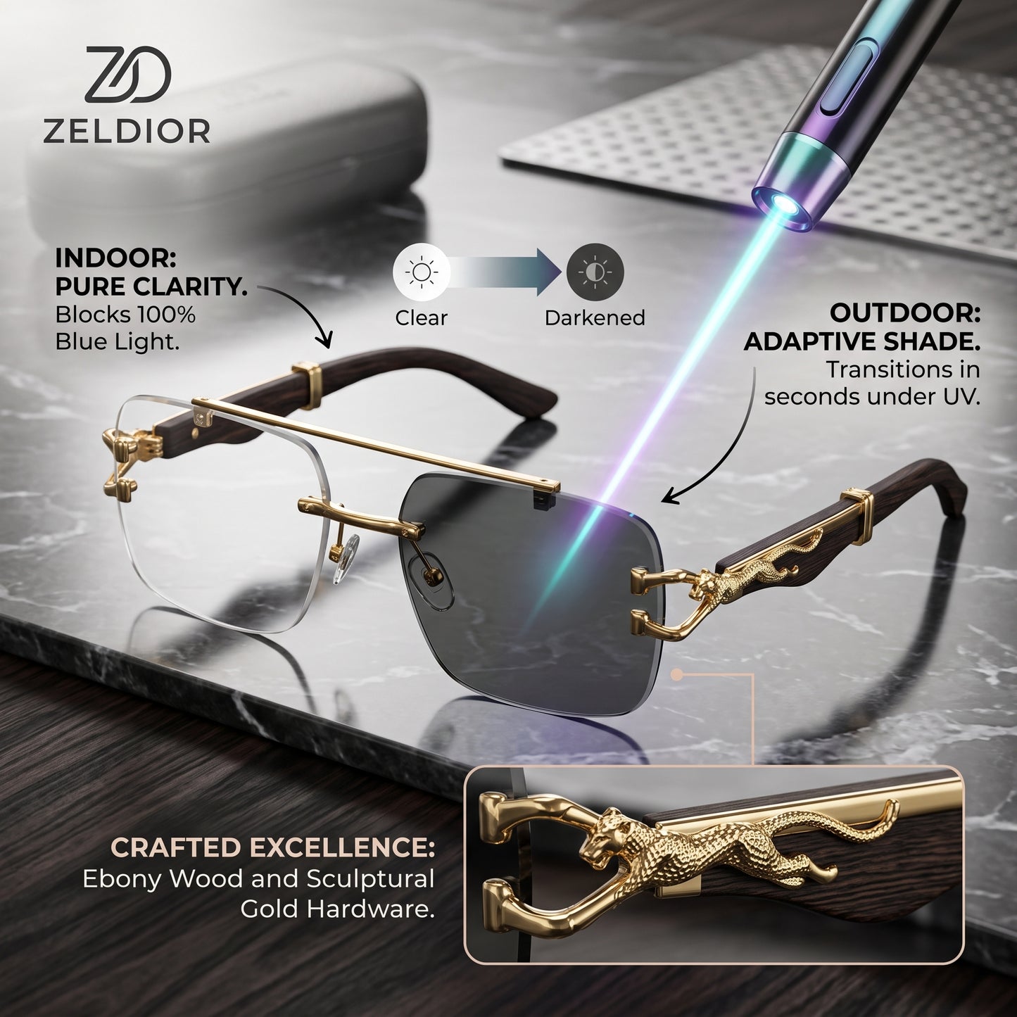 ZELDIOR Rimless Photochromic Aviator Sunglasses – Gold Jaguar Edition