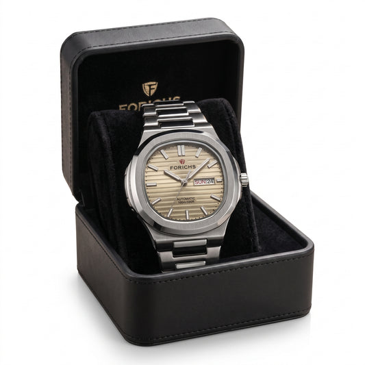 champagne gold dial watch highlighting the day and date display, premium stainless steel body, and double lock security clasp