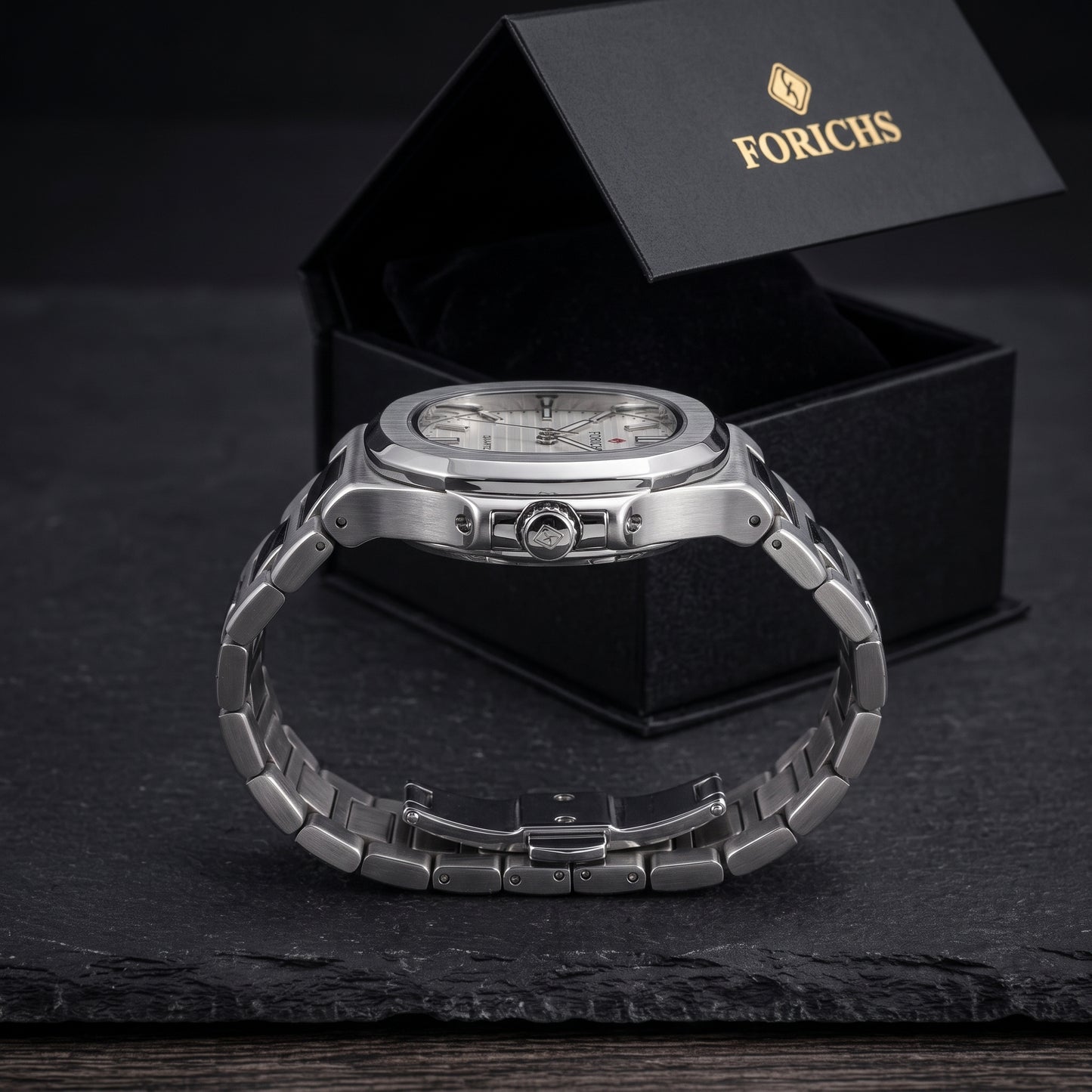FORICHS Silver Steel Watch with Day-Date Display