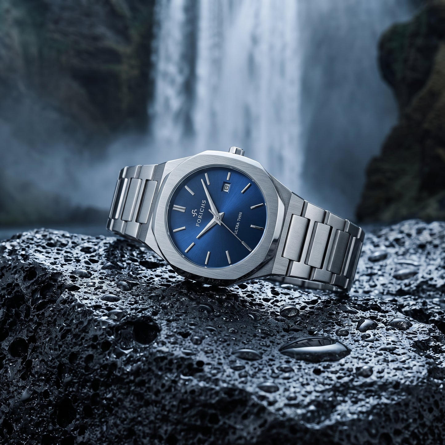 FORICHS Men's Ultra-Thin Quartz Watch – Sapphire Crystal, Steel & Blue Dial & Date