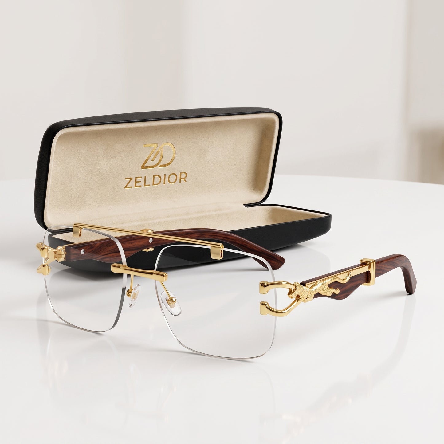 ZELDIOR Rimless Photochromic Aviator Sunglasses – Gold Jaguar Edition