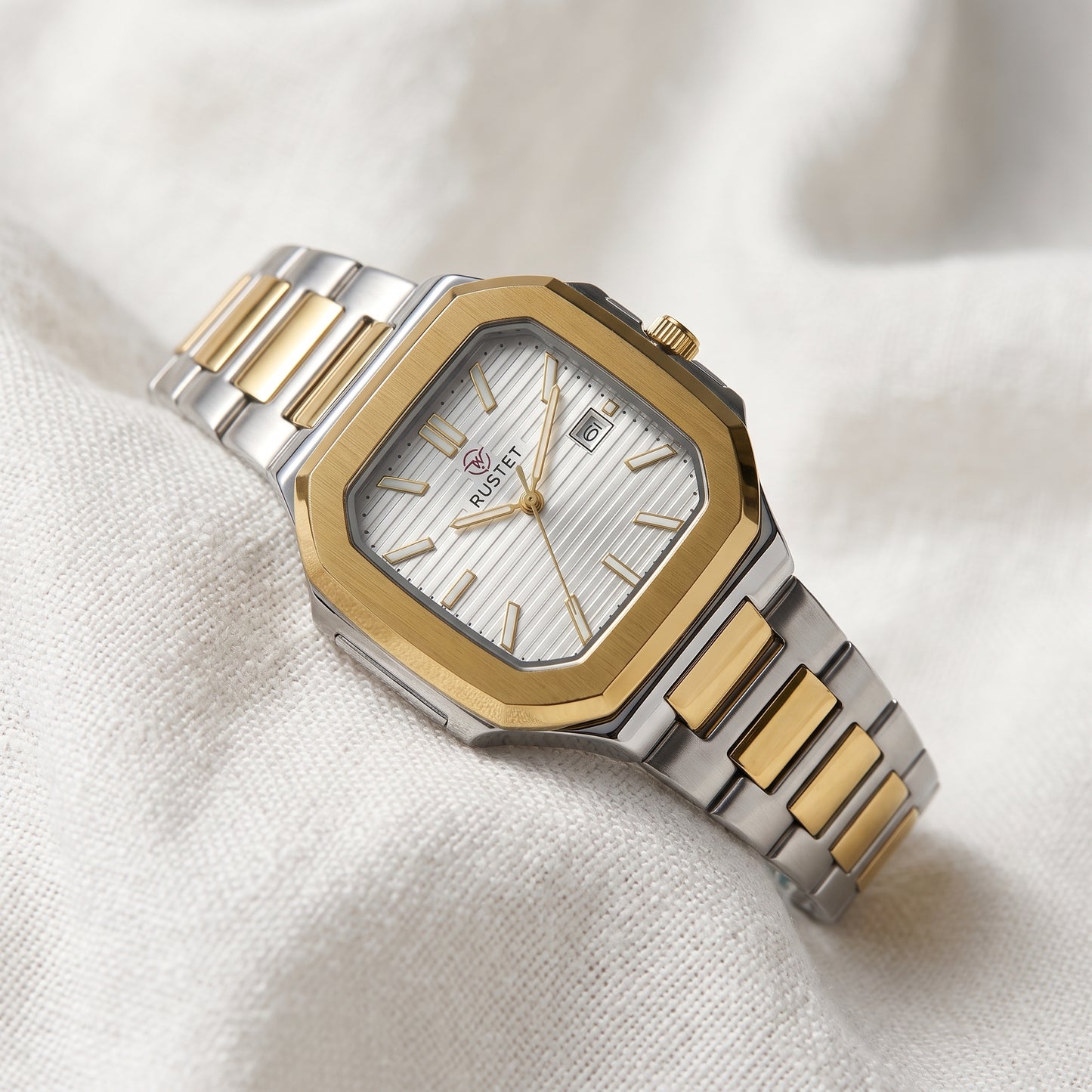 RUSTET Men's Ultra-Thin Square Case Watch – Two-Tone Steel & Gold, Waterproof