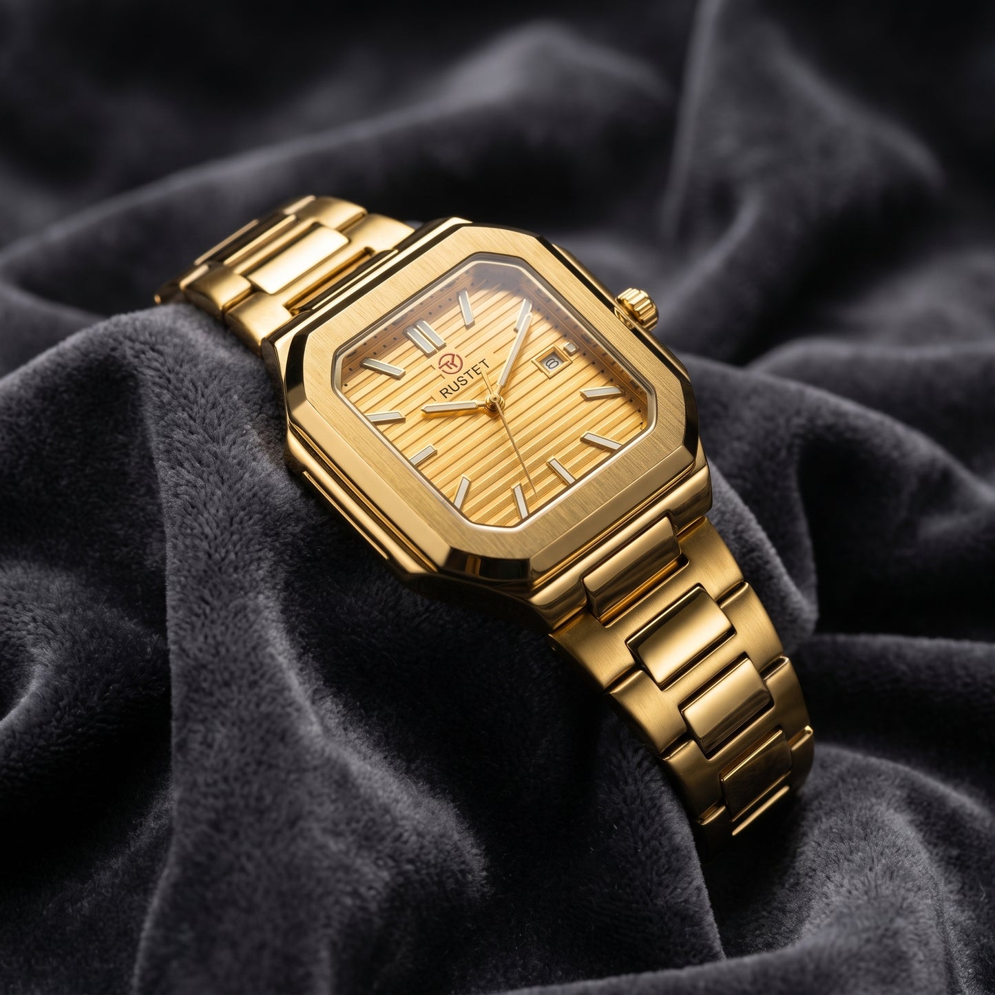 RUSTET Men's Ultra-Thin Square Case Watch – Full Gold, Pleated Dial & Waterproof