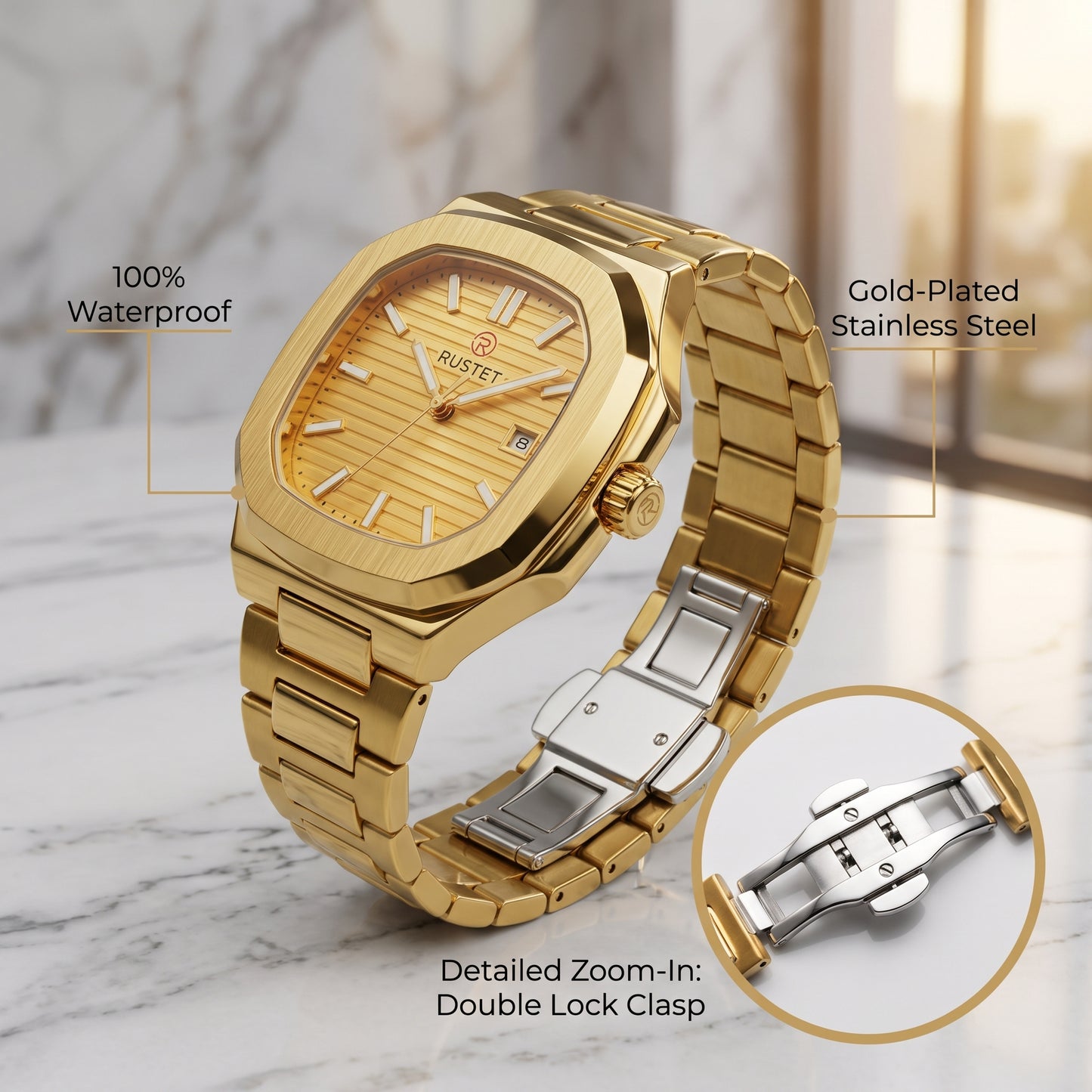 RUSTET Men's Ultra-Thin Square Case Watch – Full Gold, Pleated Dial & Waterproof