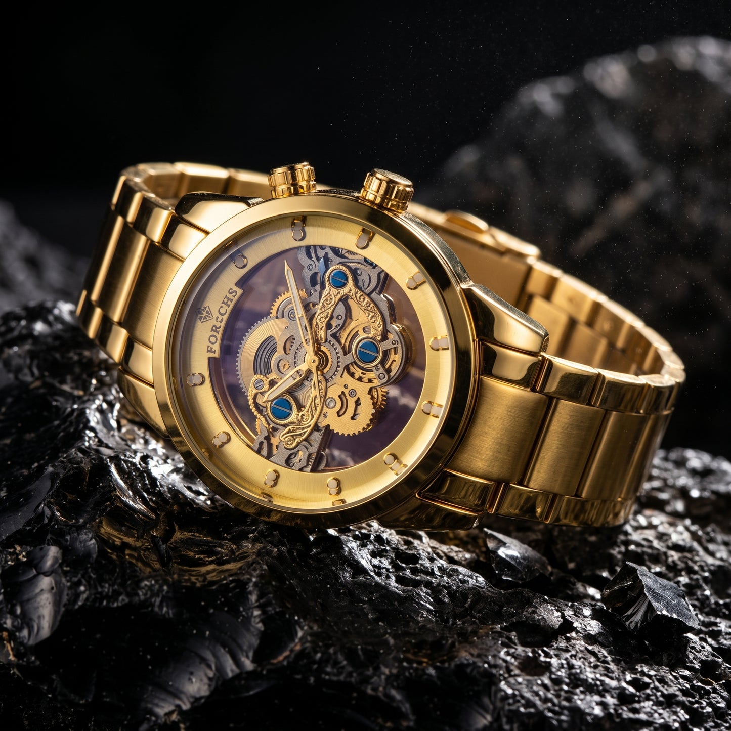 FORICHS Full Gold Quartz Skeleton Watch
